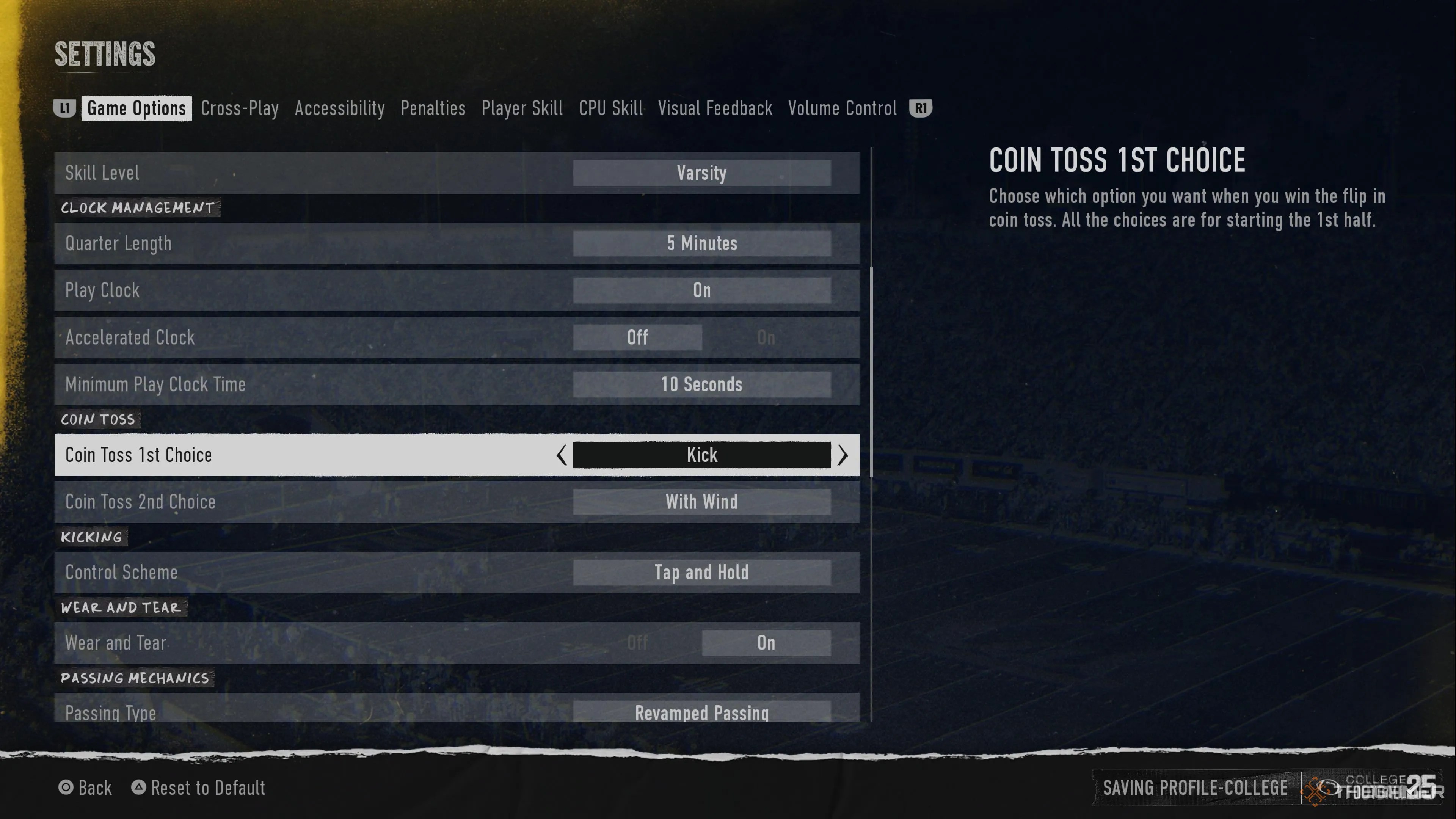 Coin toss option in the settings menu in College Football 25.