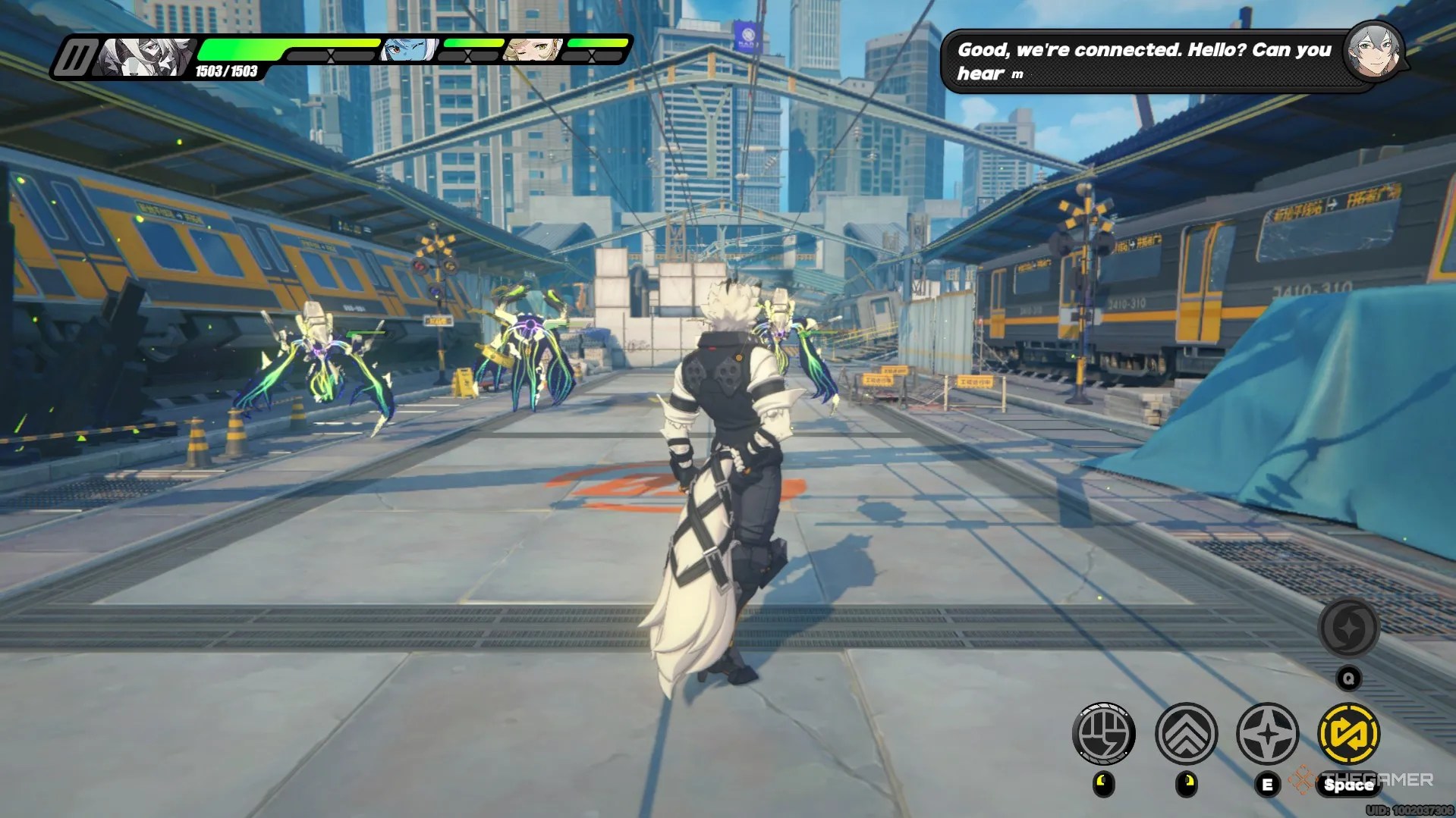 Lycaon, a white wolf man, standing before glowing green creatures in Zenless Zone Zero.