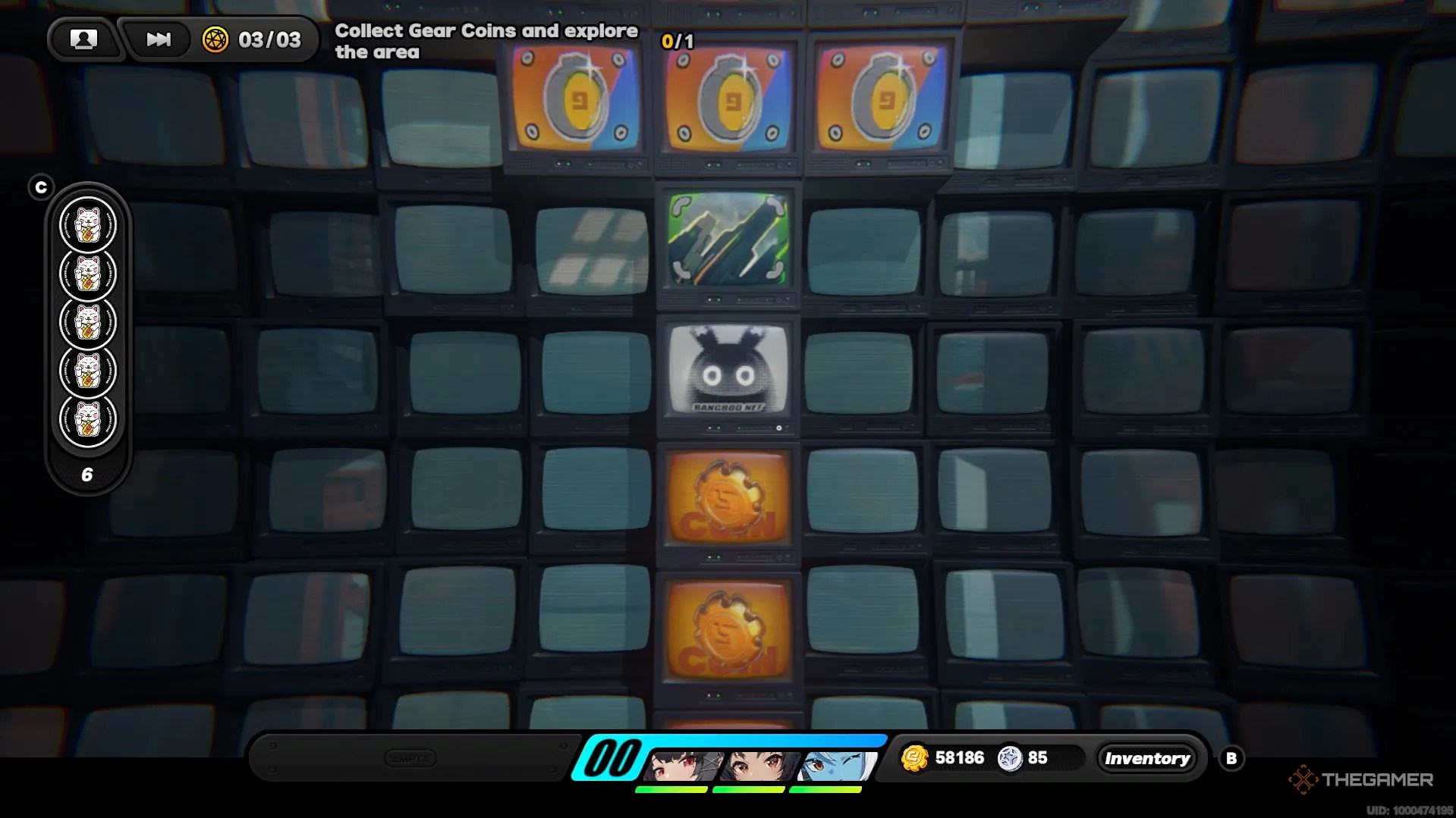 A bangboo in the HDD surrounded by Gear Coins and glowing crystals in Zenless Zone Zero.