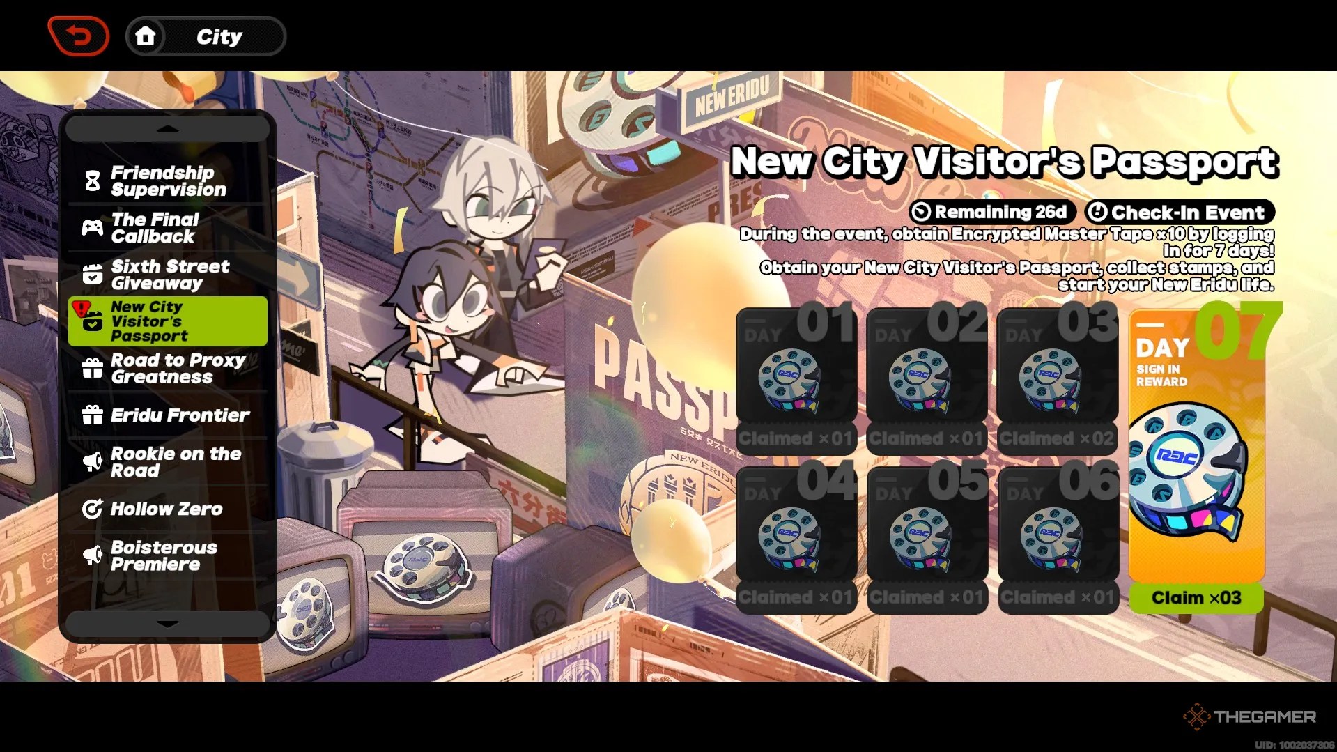 A cartoon event page with Belle and Wise walking through New Eridu in Zenless Zone Zero.