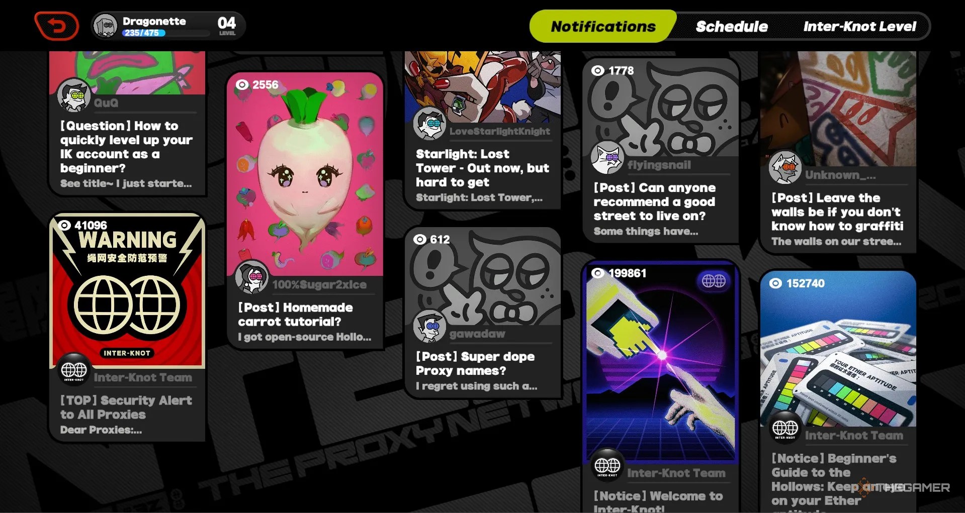 The Inter-Knot notifications page in Zenless Zone Zero.