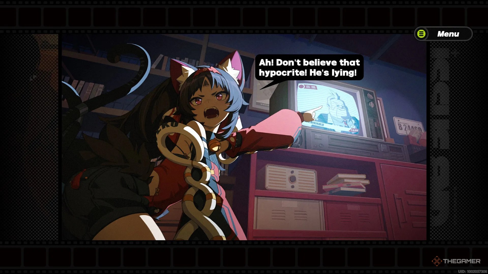 Nekomata pointing at a man on a television screen in Zenless Zone Zero.