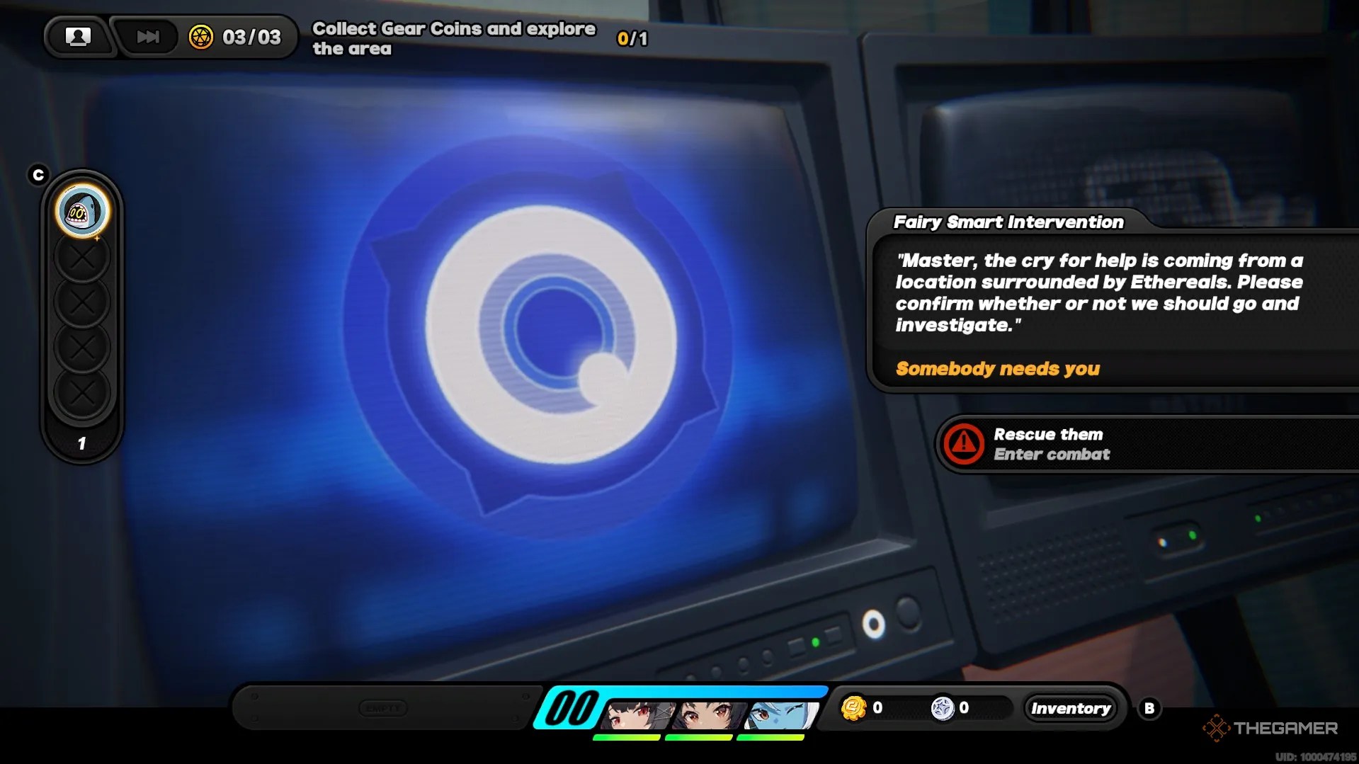 Fairy’s glowing blue icon on a large screen in Zenless Zone Zero.