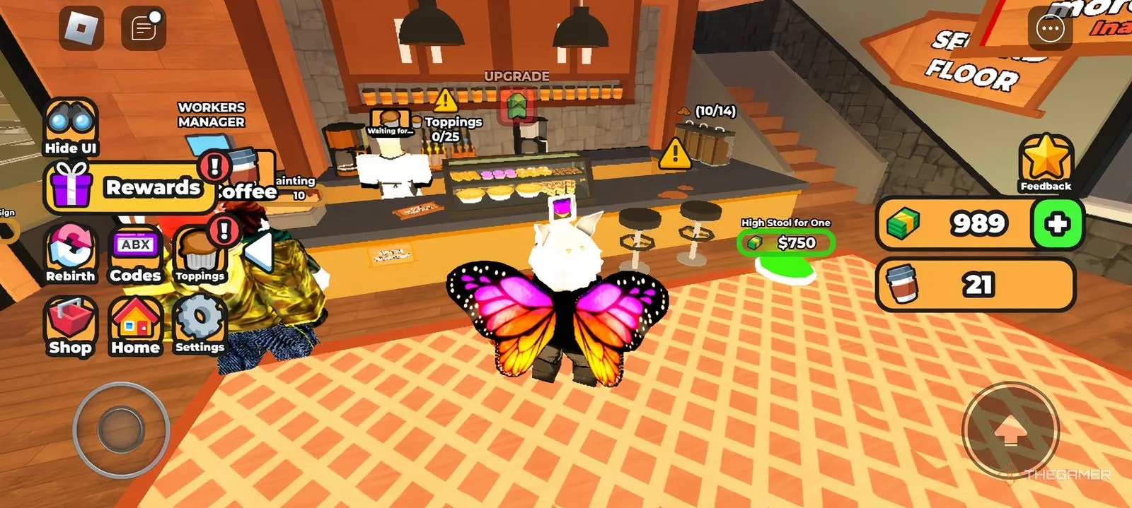 A player standing inside a coffee shop in Coffee Shop Tycoon.