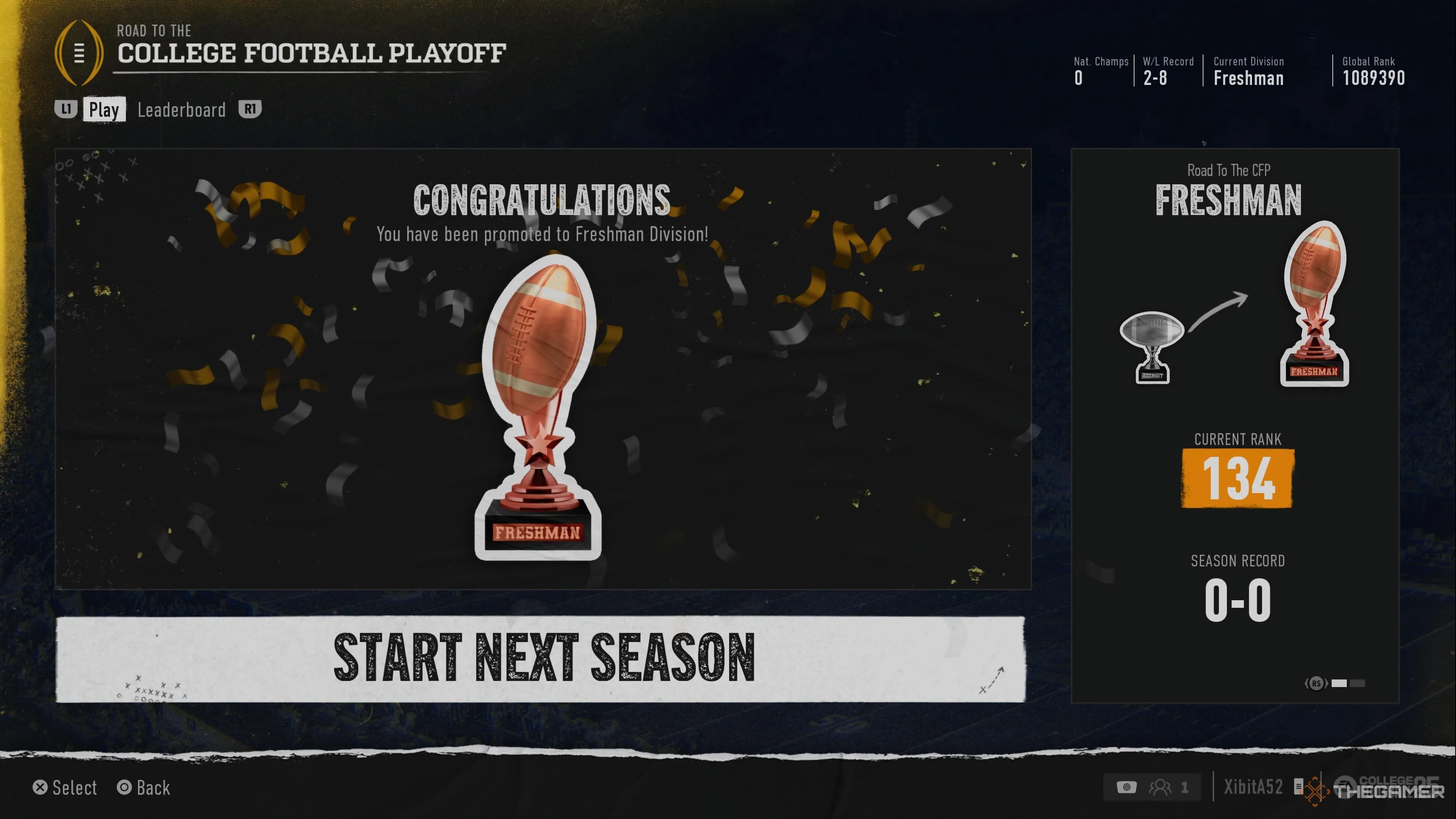 Being promoted to Freshman division in Road to the CFP in College Football 25.