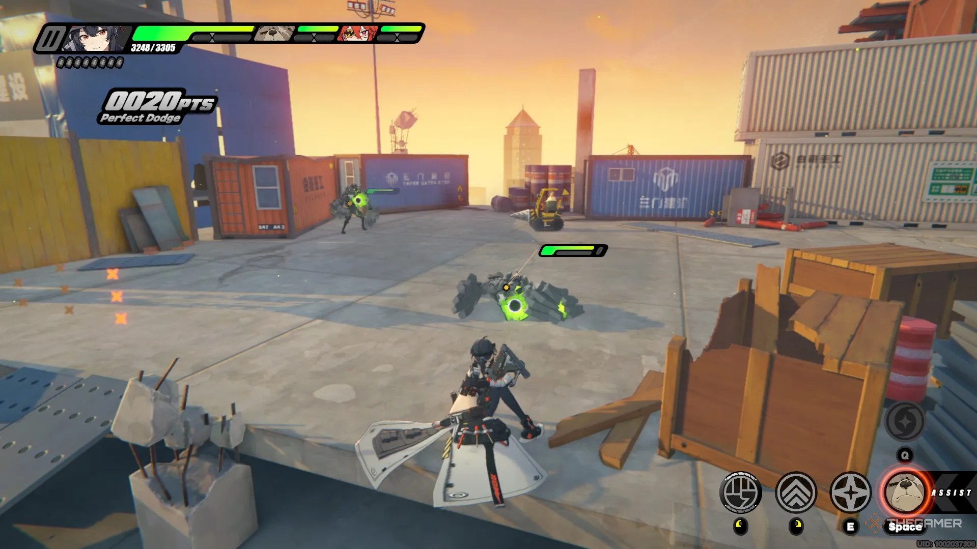 Grace lunging away from a glowing green rock monster in Zenless Zone Zero.