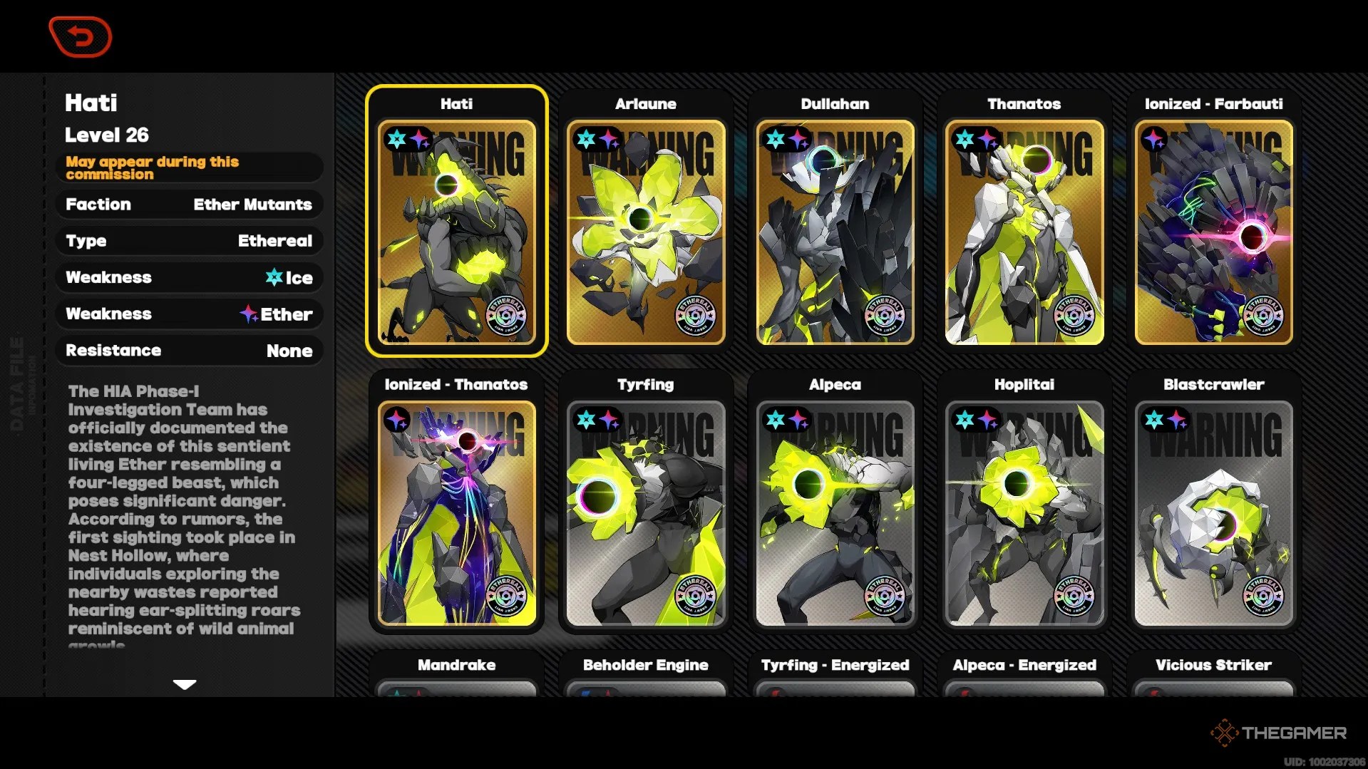 The Ethereal’s Guide enemies page, showcasing multiple cards with glowing green enemies in Zenless Zone Zero.