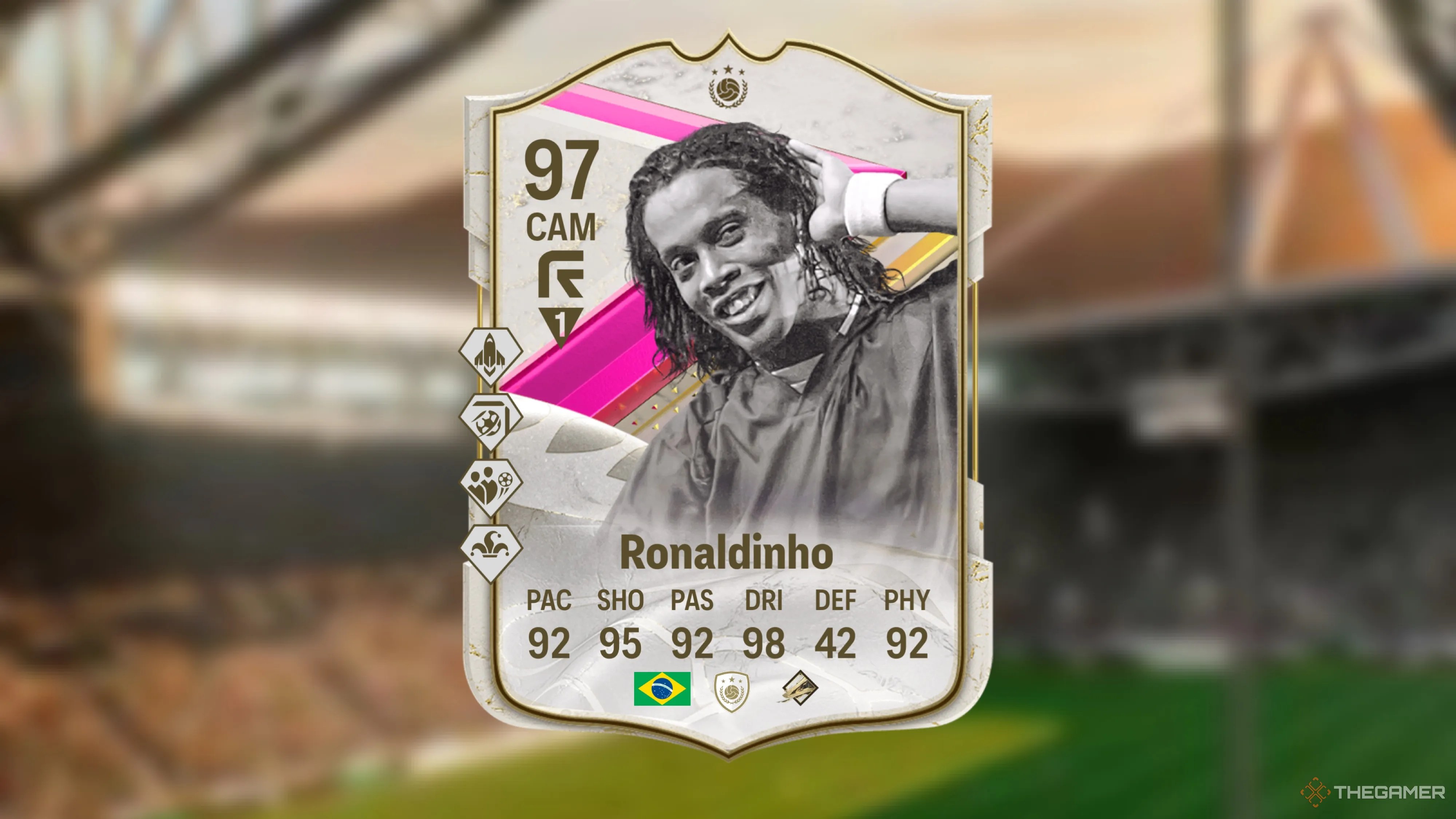 Image showing Ronaldinho icon card against a faded stadium background.