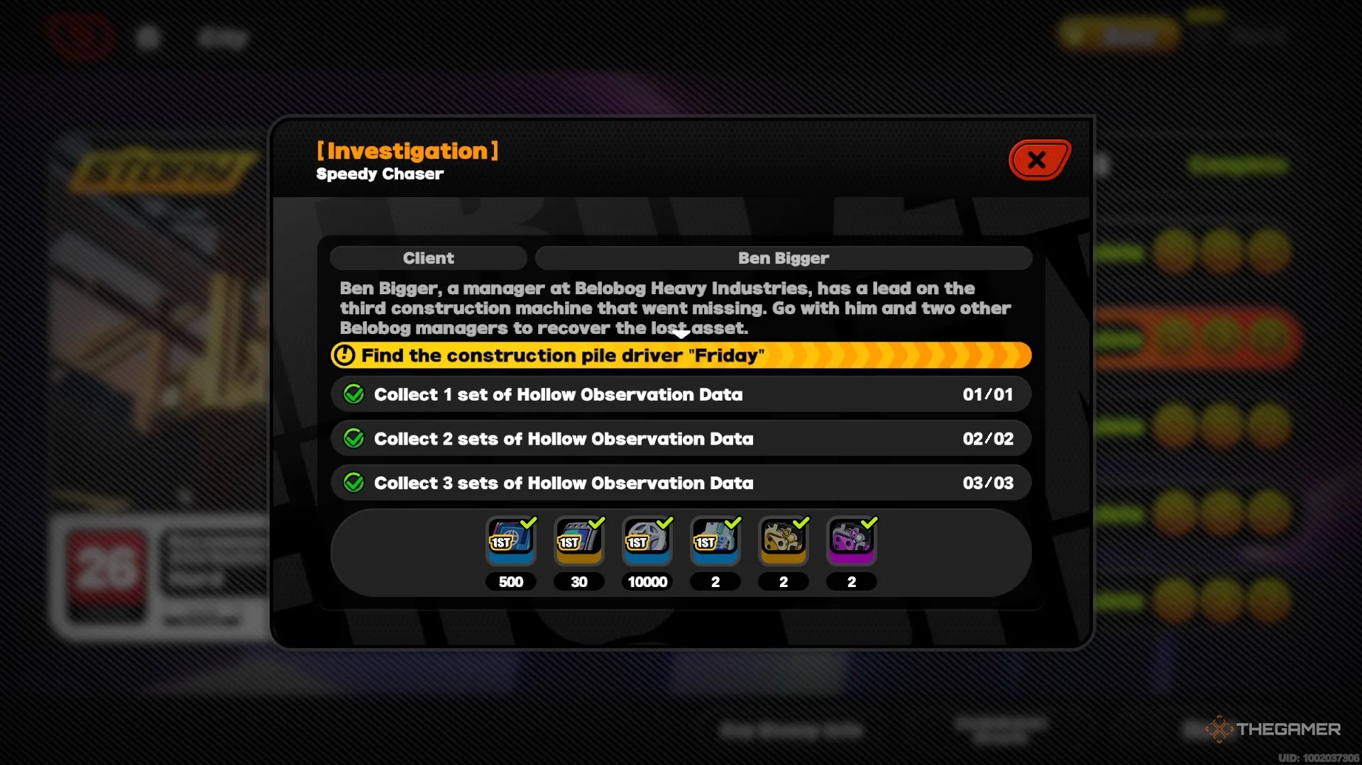 The rewards menu for the Speedy Chaser commission in Zenless Zone Zero.