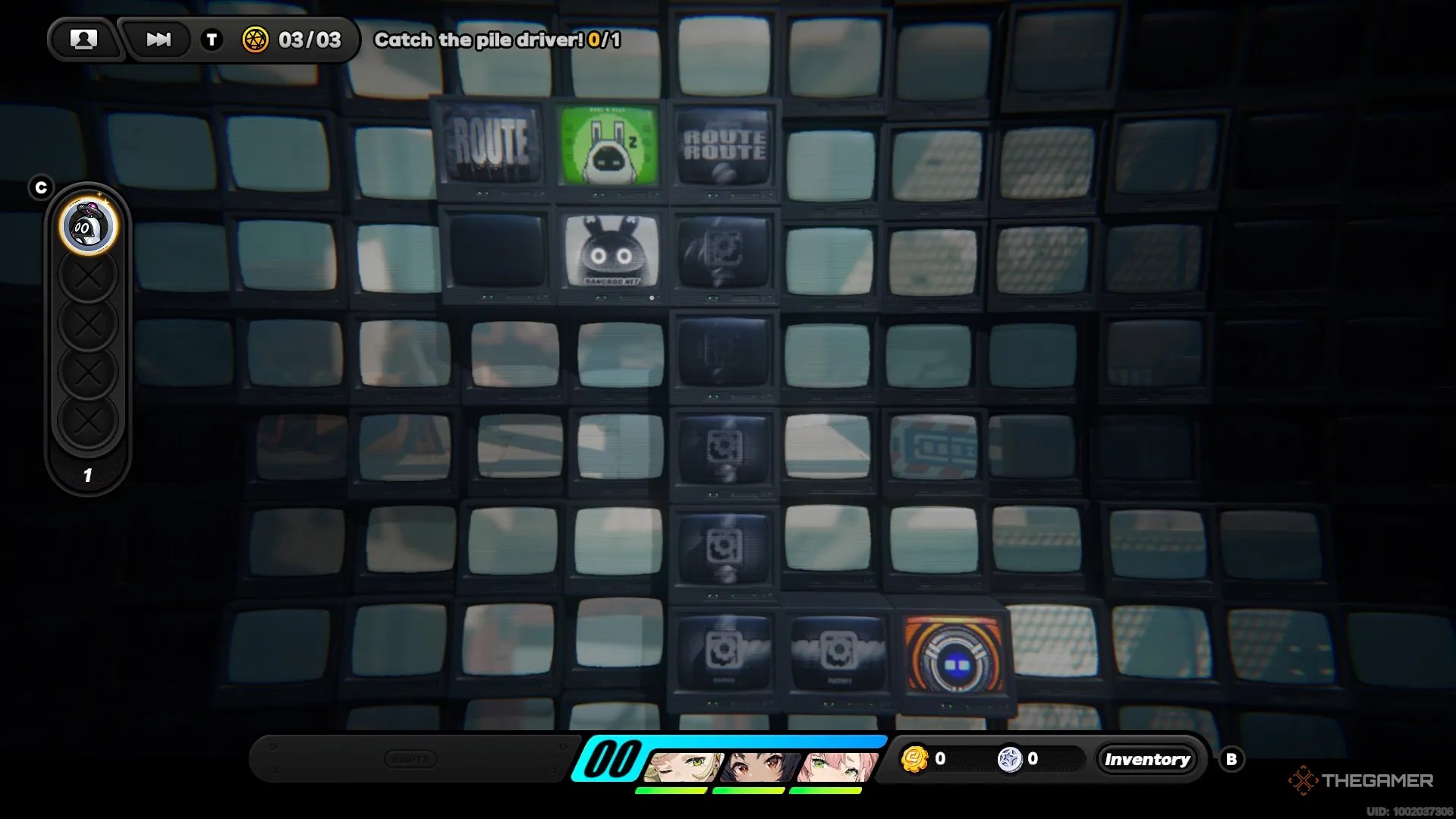 A row of television screens with a glowing green tile above in Zenless Zone Zero.