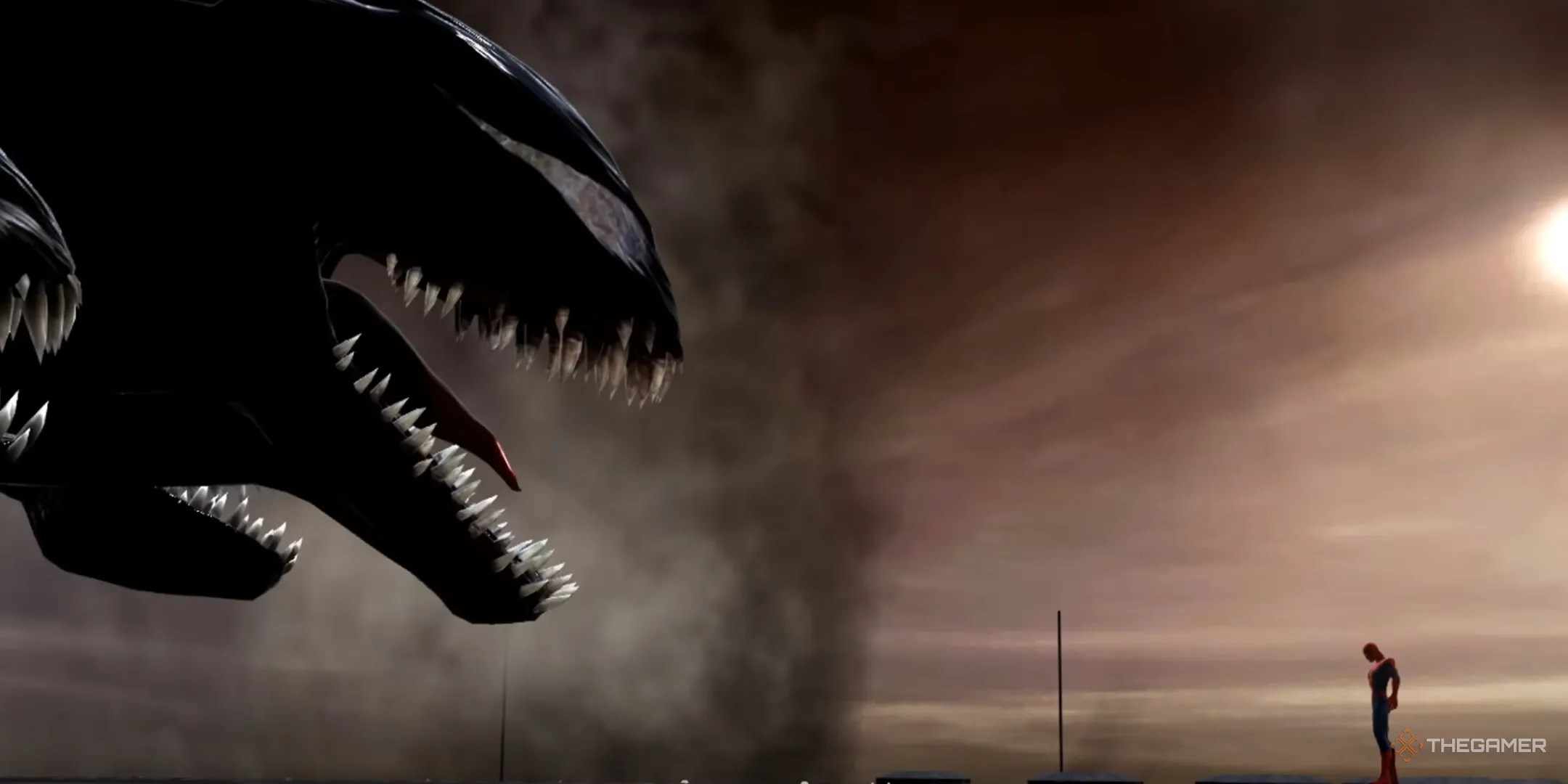 A gigantic Venom confronts Spiderman in Web pf shadows.