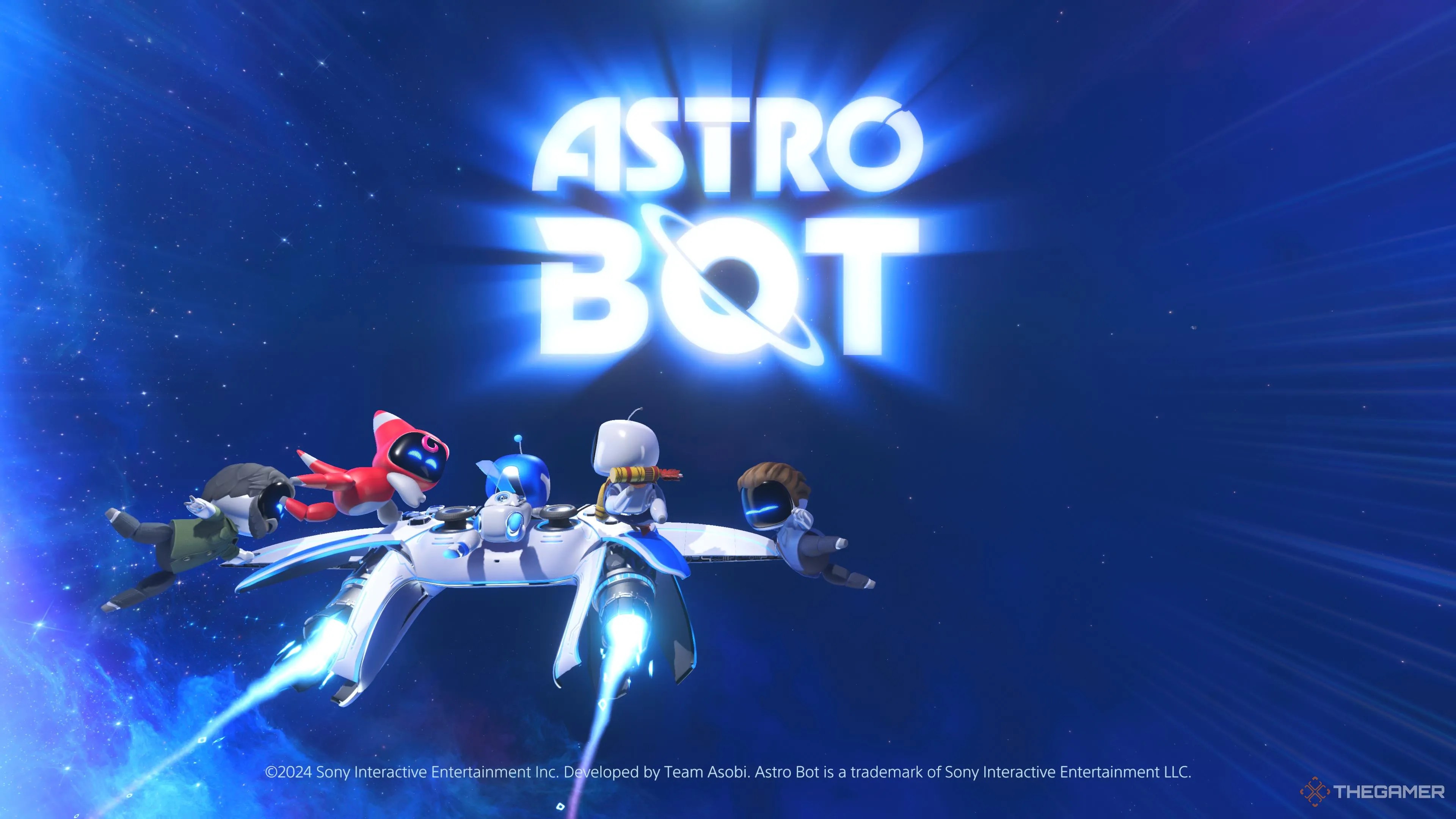 Astro riding the DualSense on the Astro Bot opening menu.