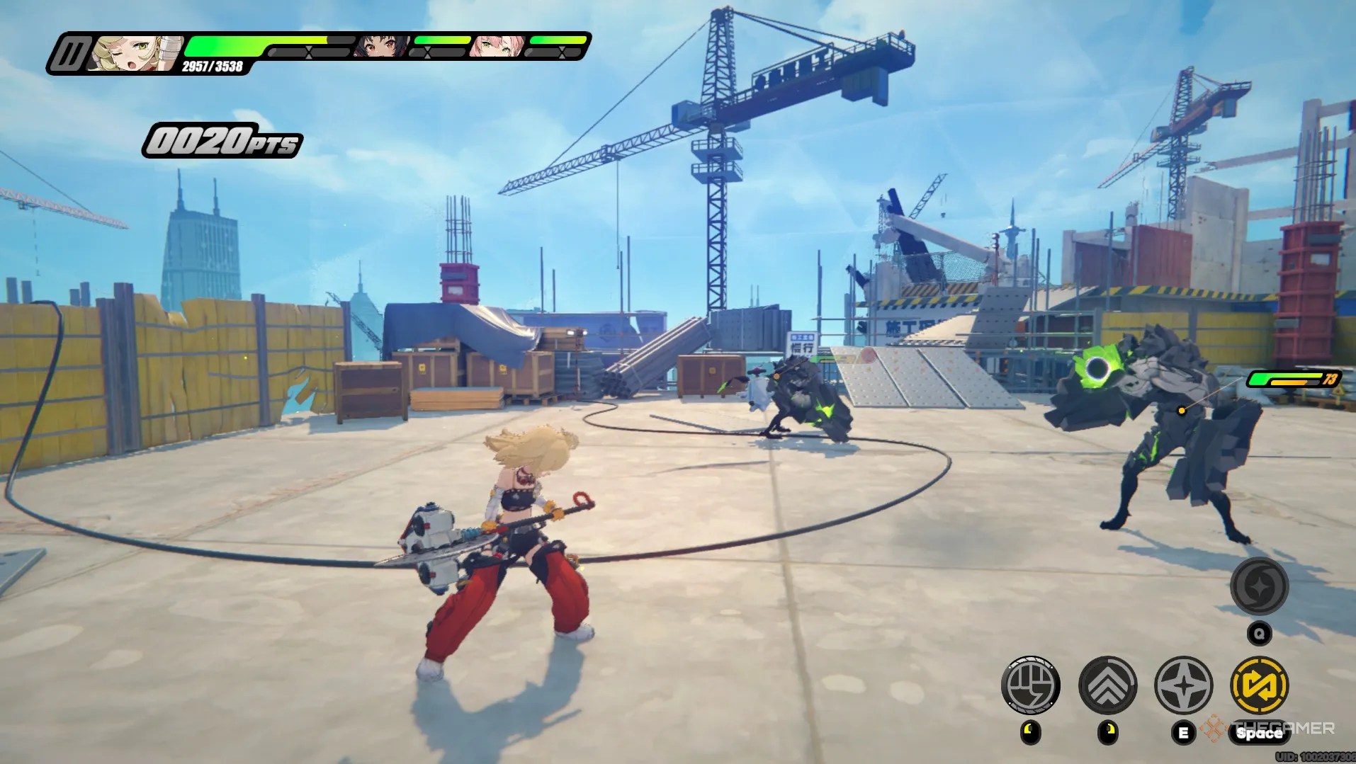 Piper readying her hammer to attack two glowing green monsters in a construction site in Zenless Zone Zero.