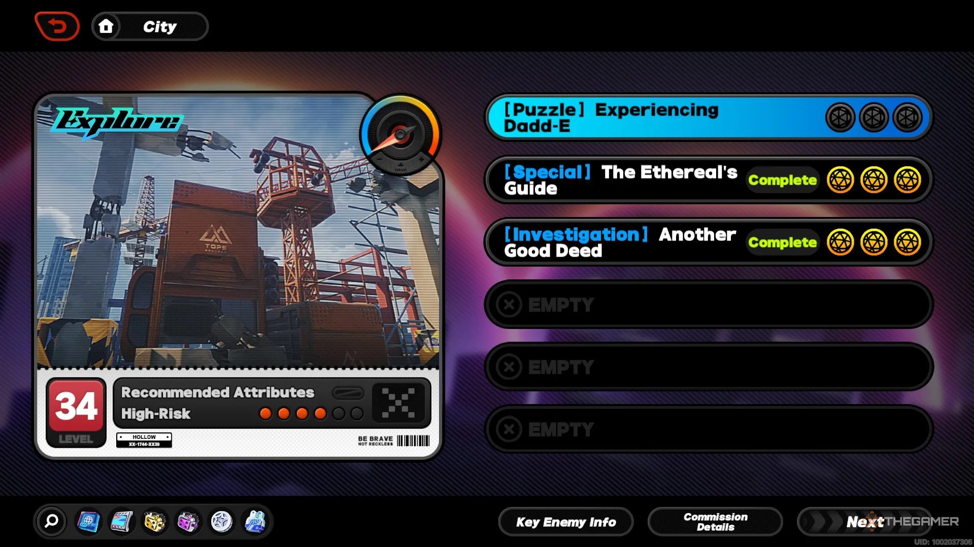 The menu for the Experiencing DADD-E commission in Zenless Zone Zero.