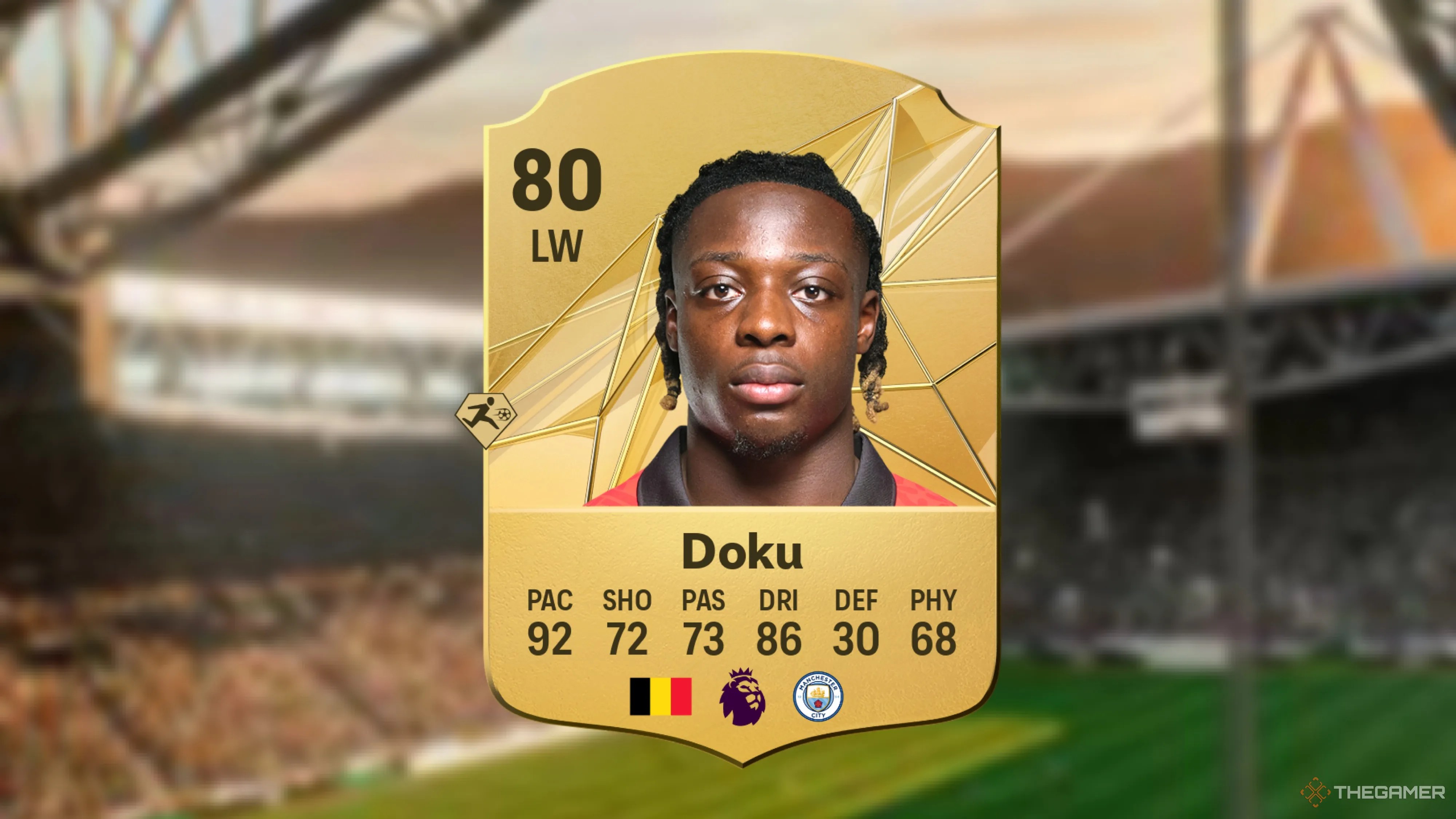Image showing Doku card against a faded stadium background.