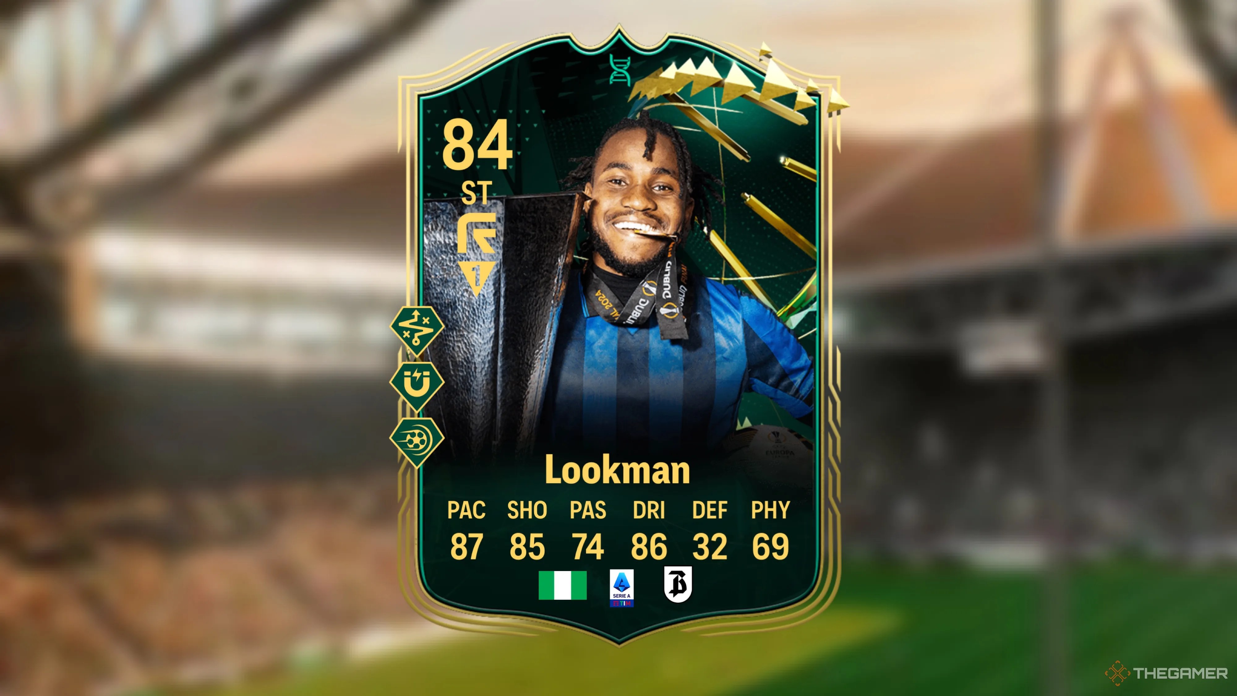 Image showing Lookman card against a faded stadium background.