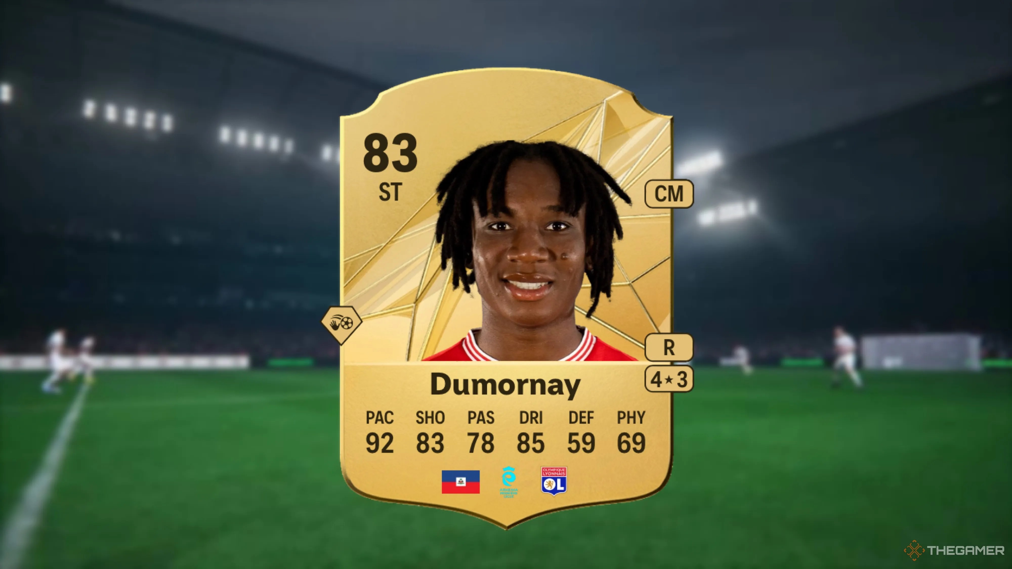 Image showing Dumornay card against a faded stadium background.