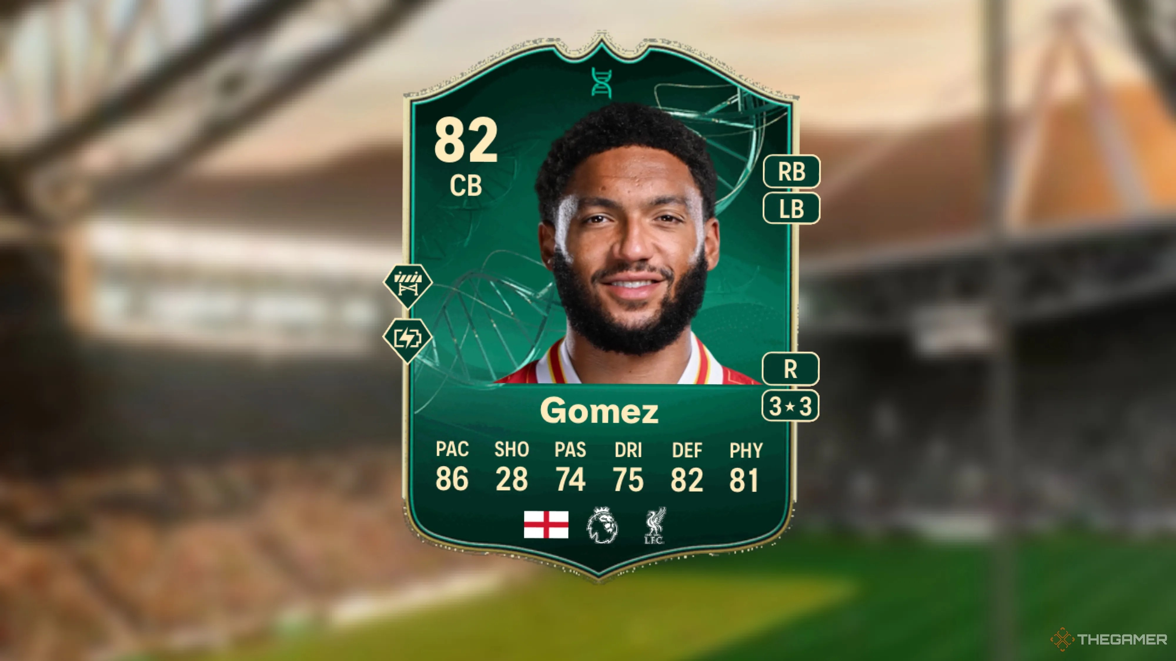 Image showing Gomez card against a faded stadium background.