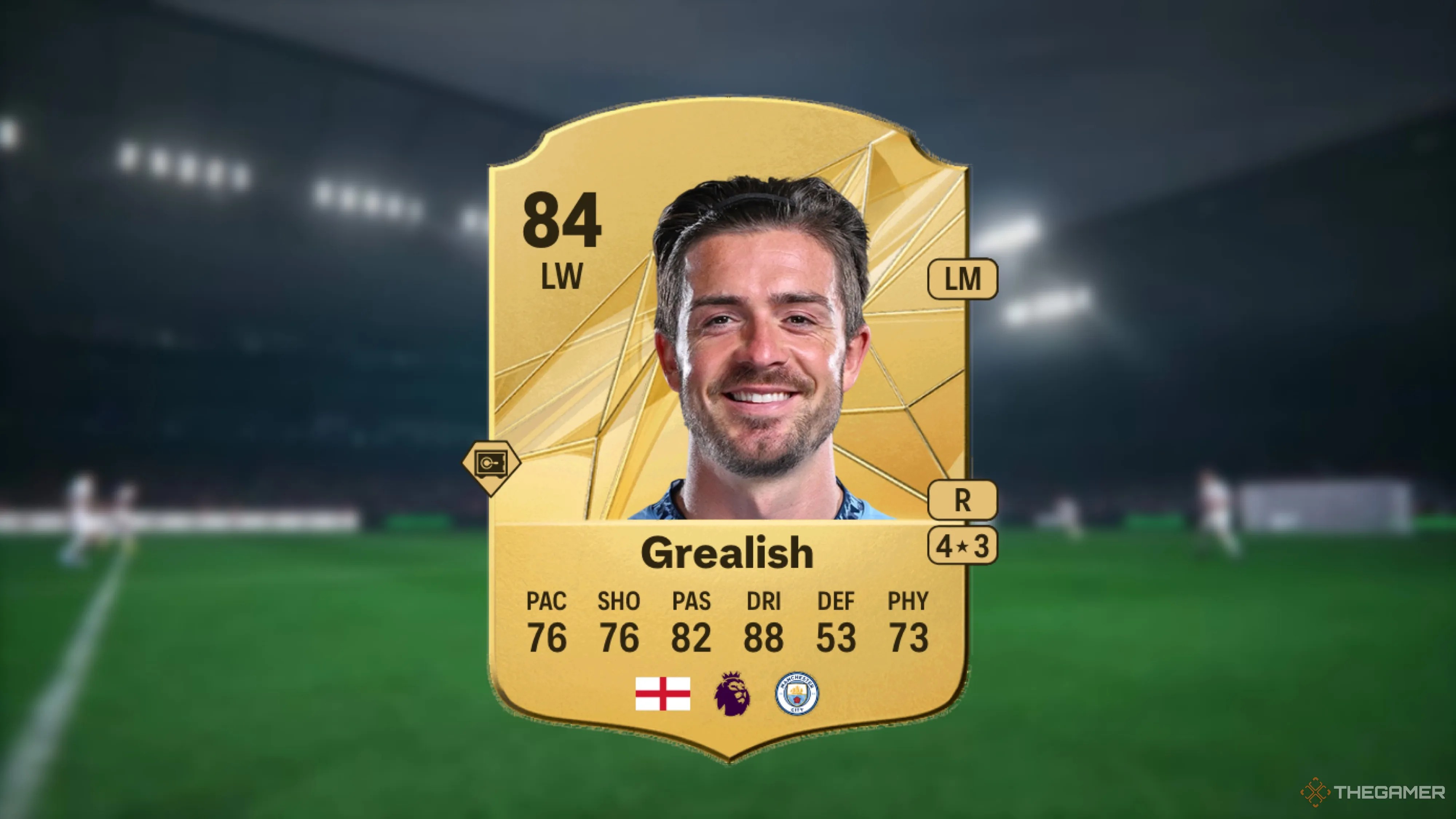 Image showing Grealish card against a faded stadium background.