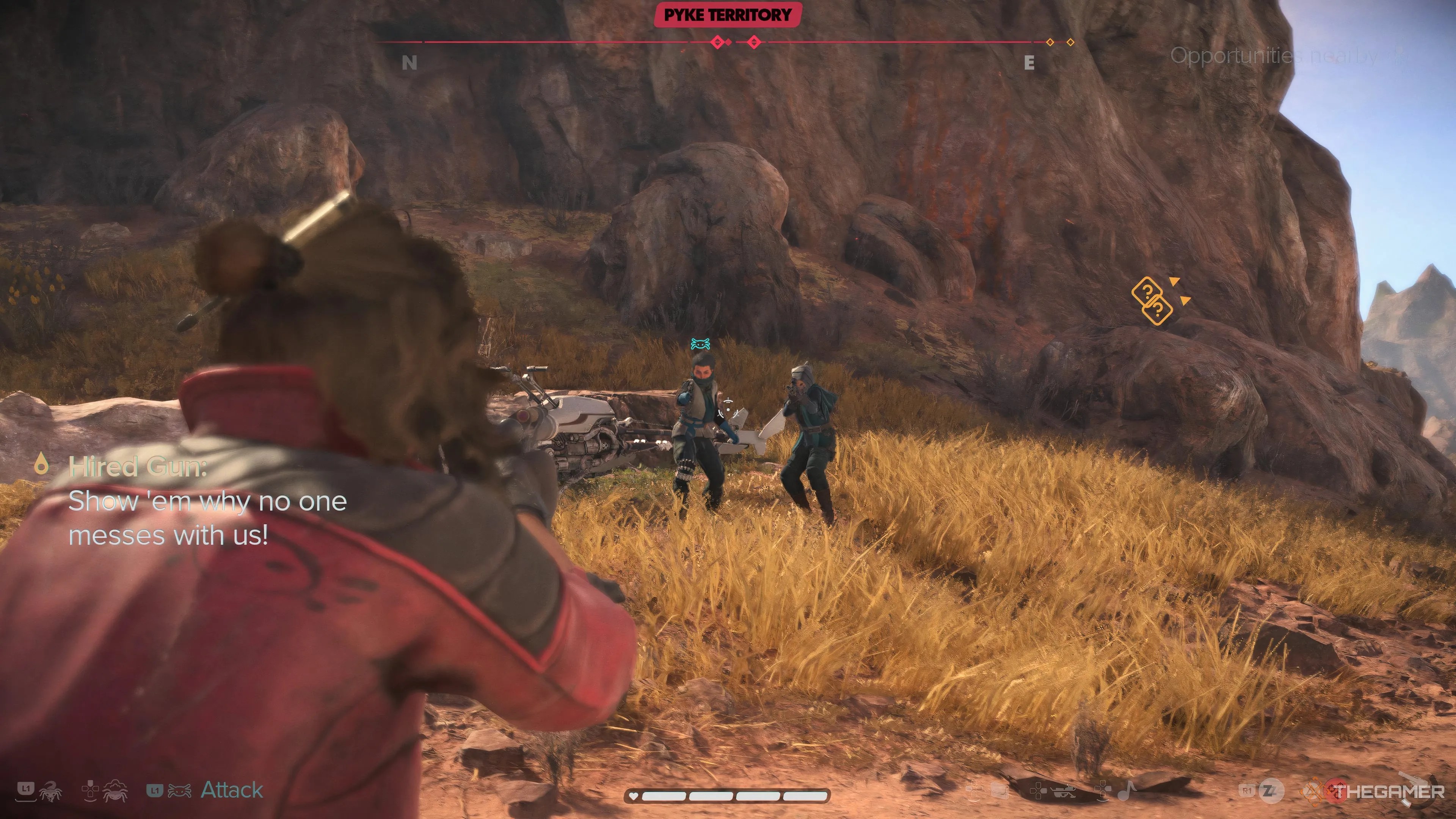 Kay pointing her blaster at Pyke goons.