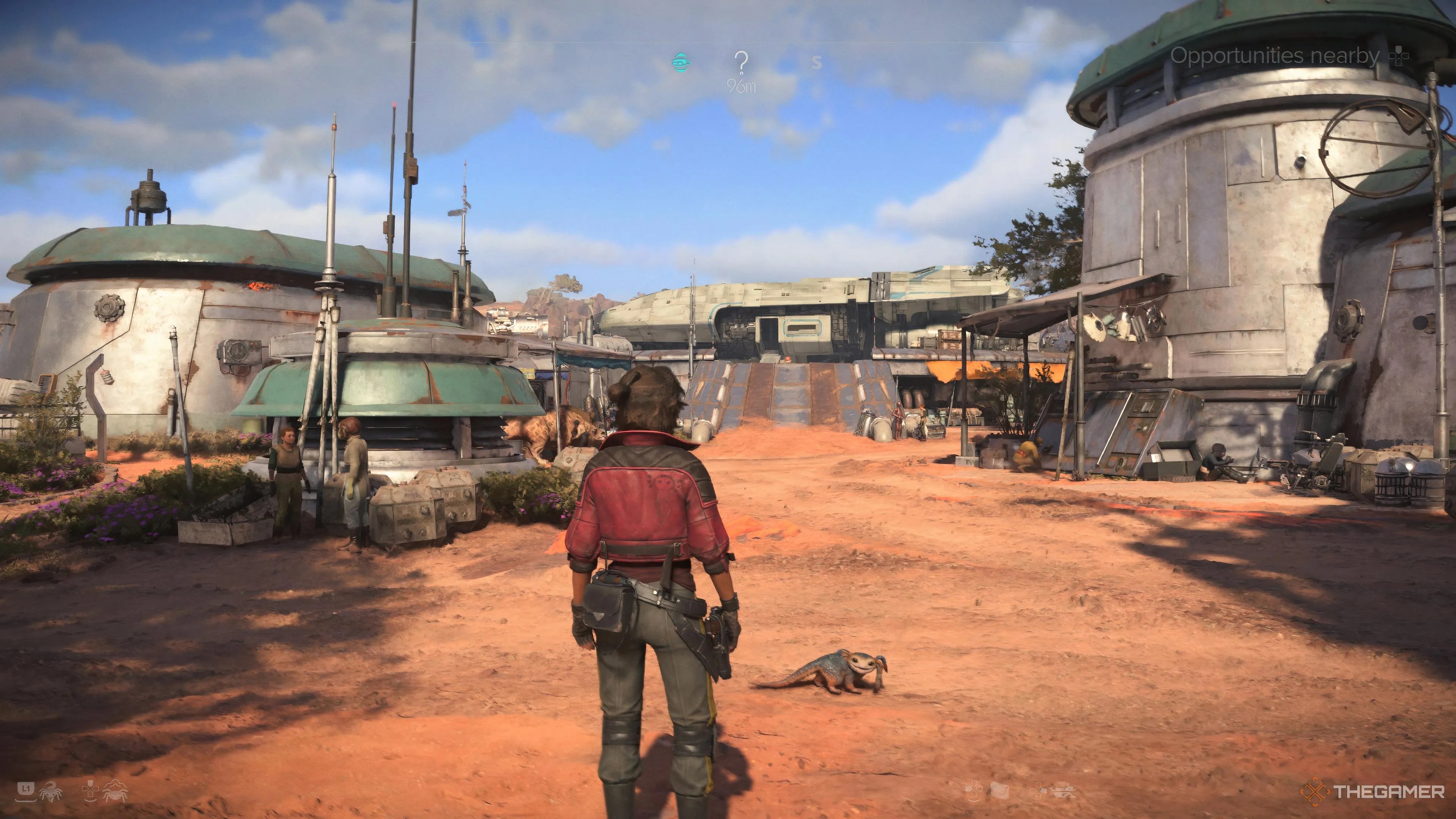 Kay and Nix explore a town in Toshara in Star Wars Outlaws.