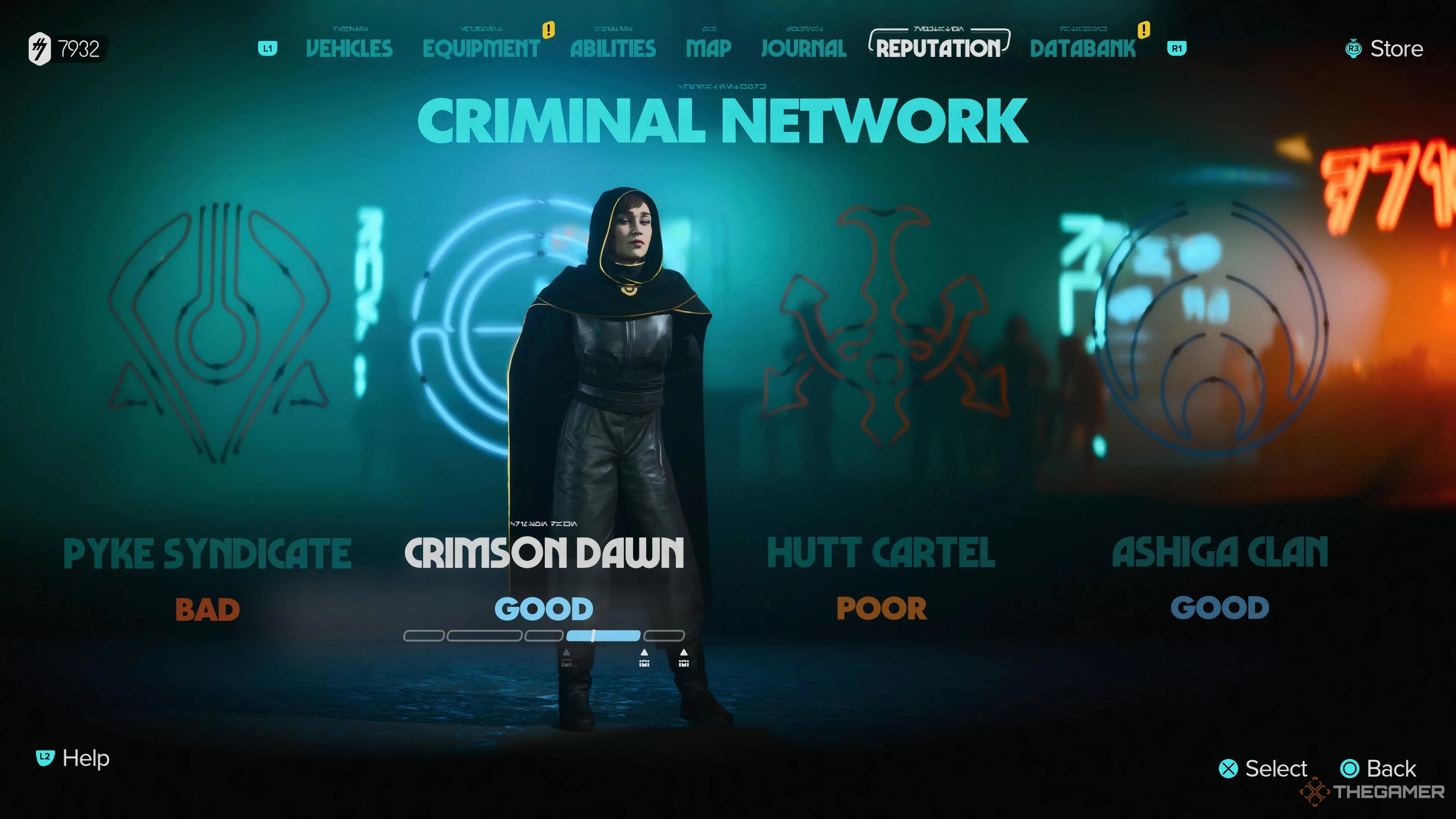 The Reputation menu in Star Wars Outlaws highlighting Crimson Dawn.
