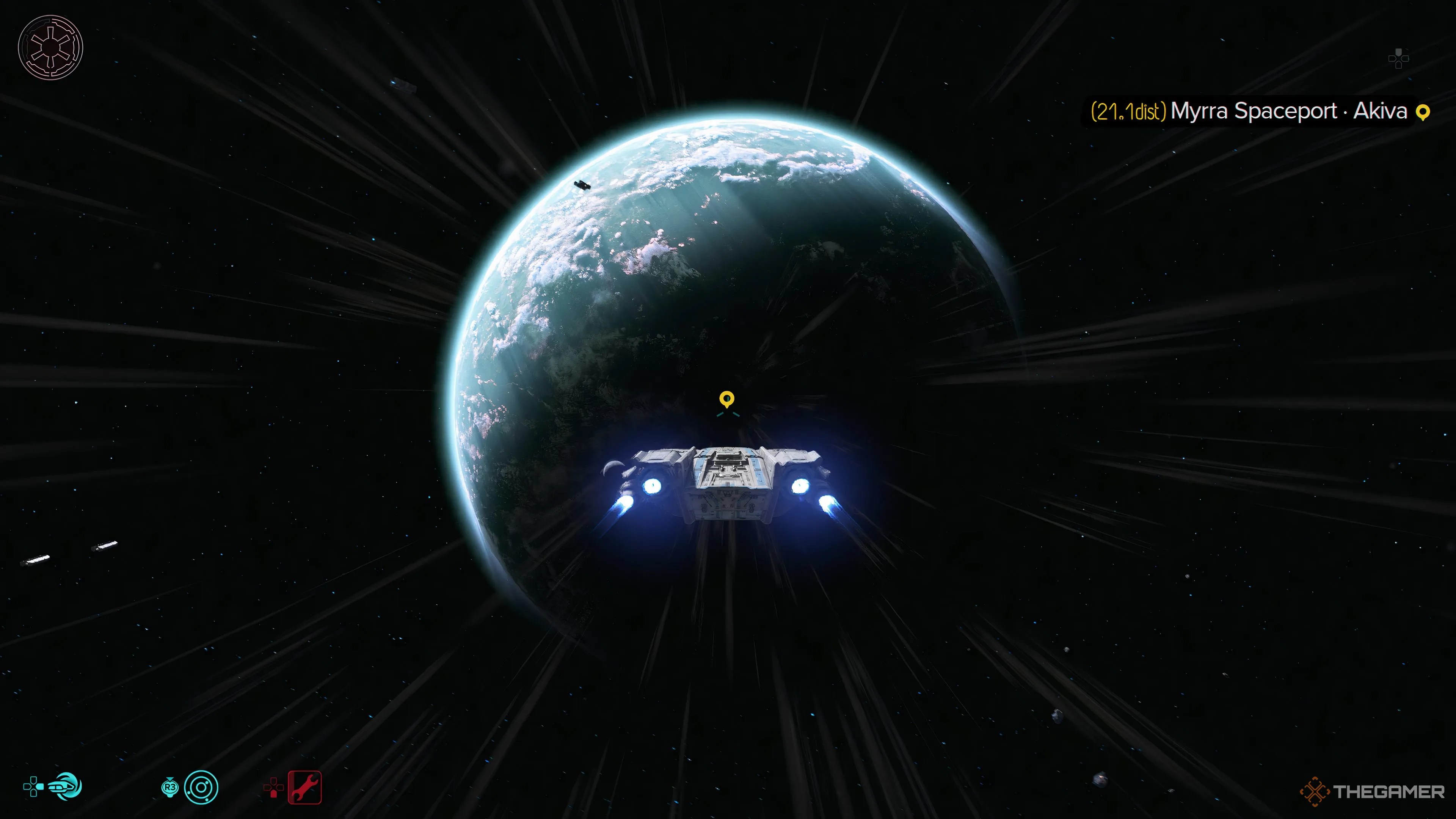 Flying the Trailblazer towards Akiva in Star Wars Outlaws.