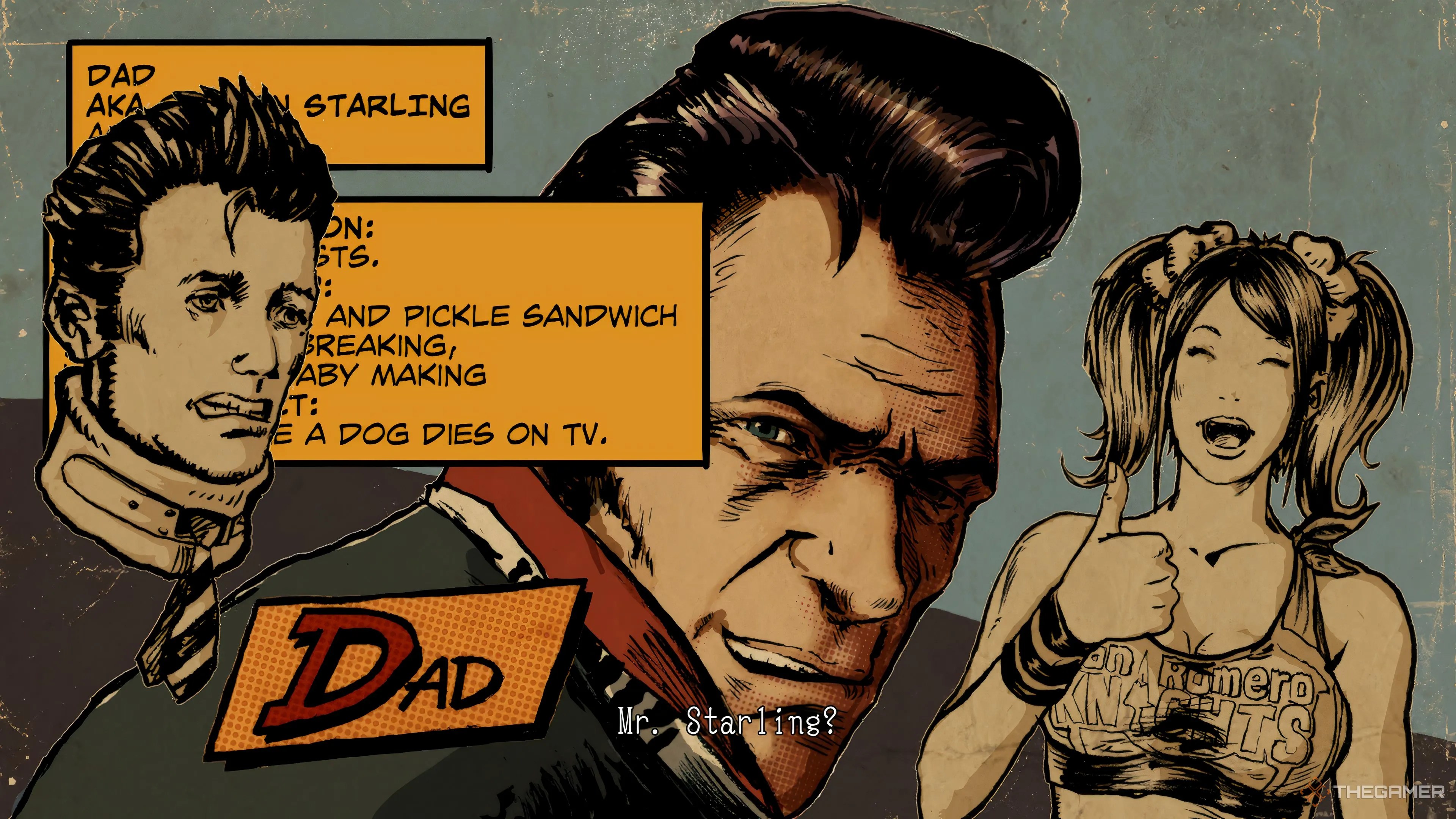 A freeze-frame of Dad in Lollipop Chainsaw RePop.
