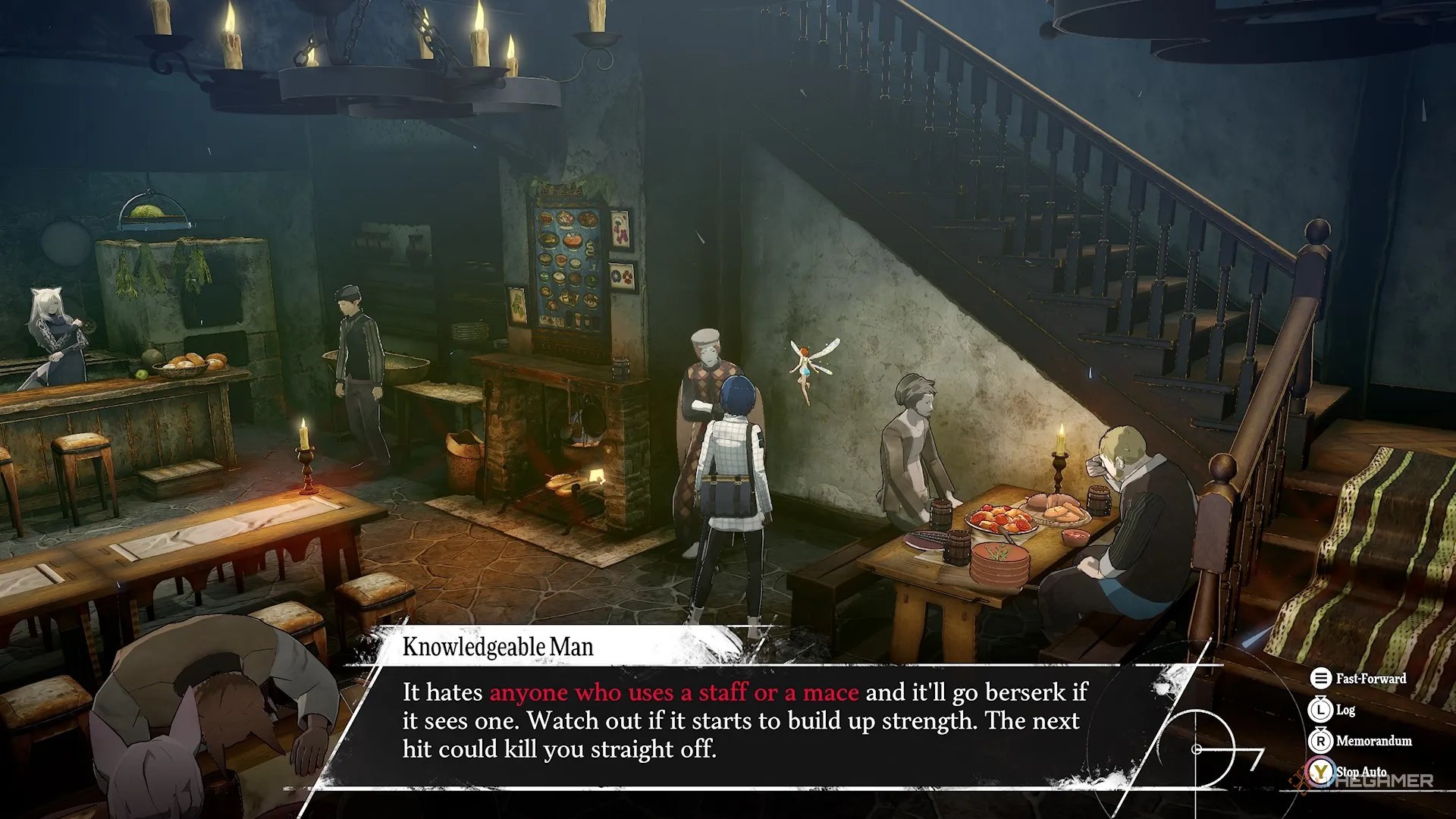 The protagonist speaking with the knowledgeable man in Metaphor Refantazio.