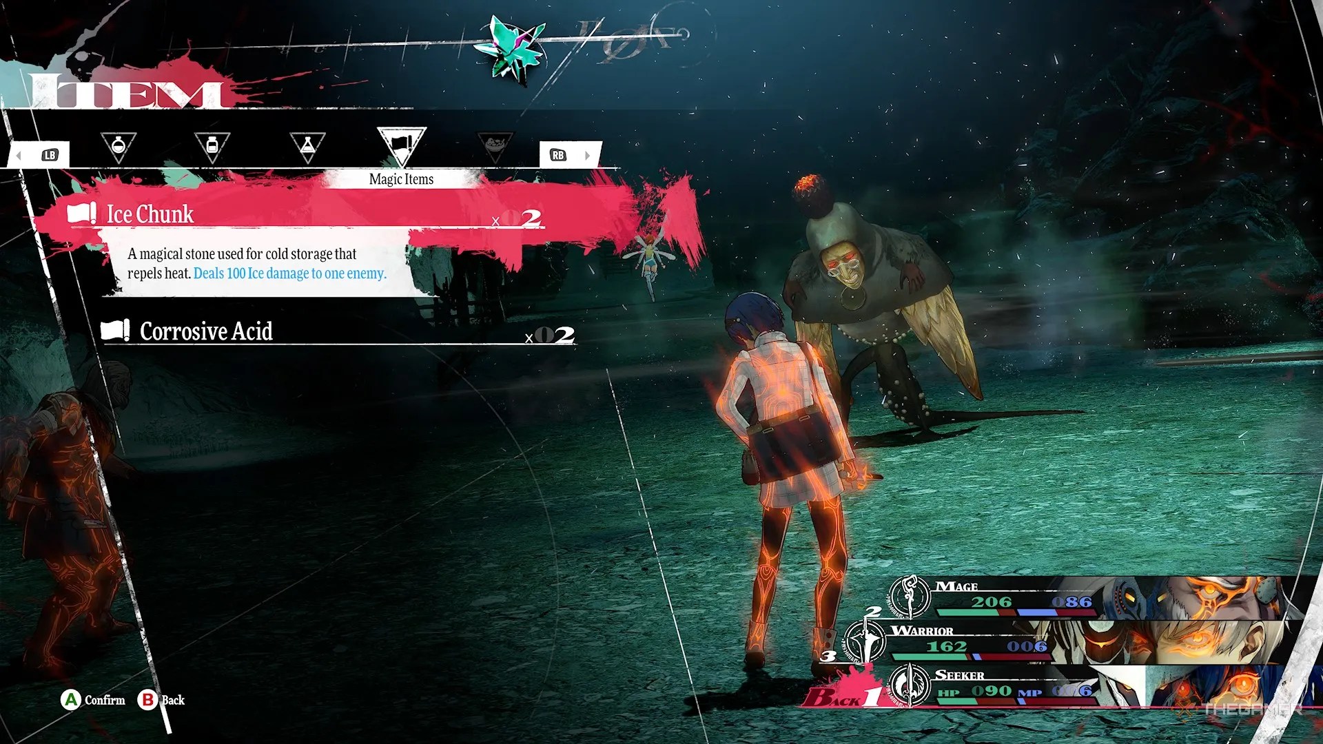 The protagonist using an Ice Chunk against Homo Fulquilo in Metaphor Refantazio.