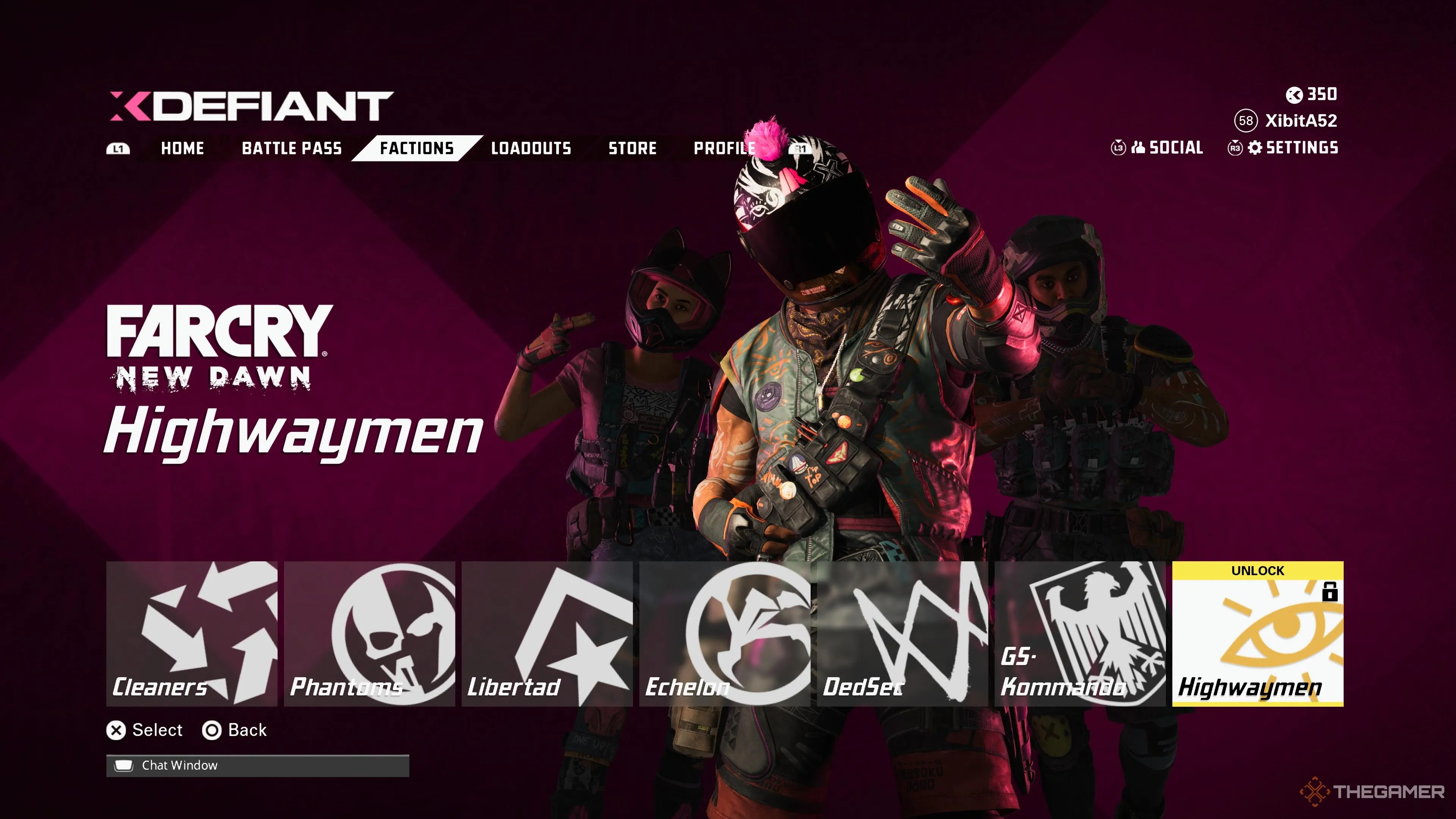 The Highwaymen faction on the XDefiant Factions menu.