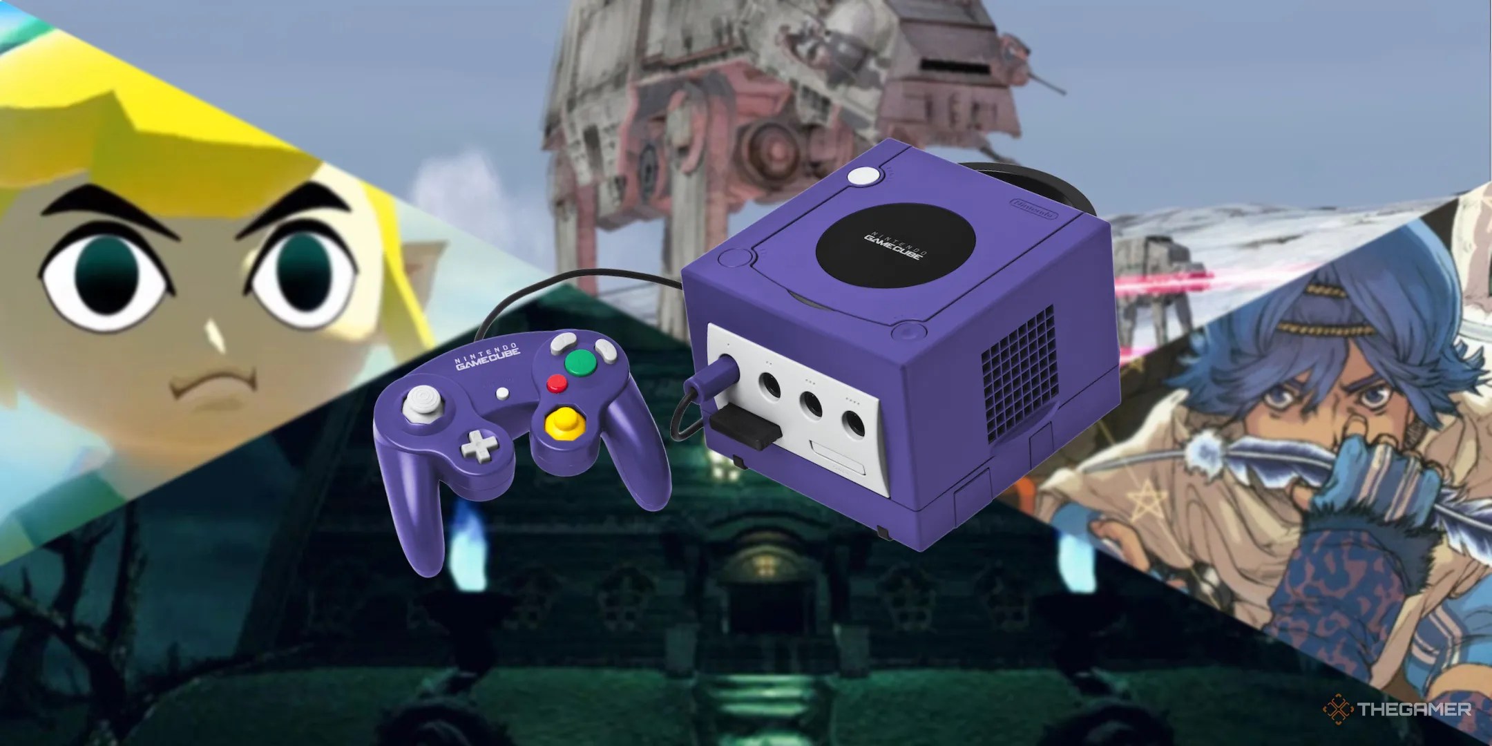 A gamecube console overlaid on a blurred background of some of its games.