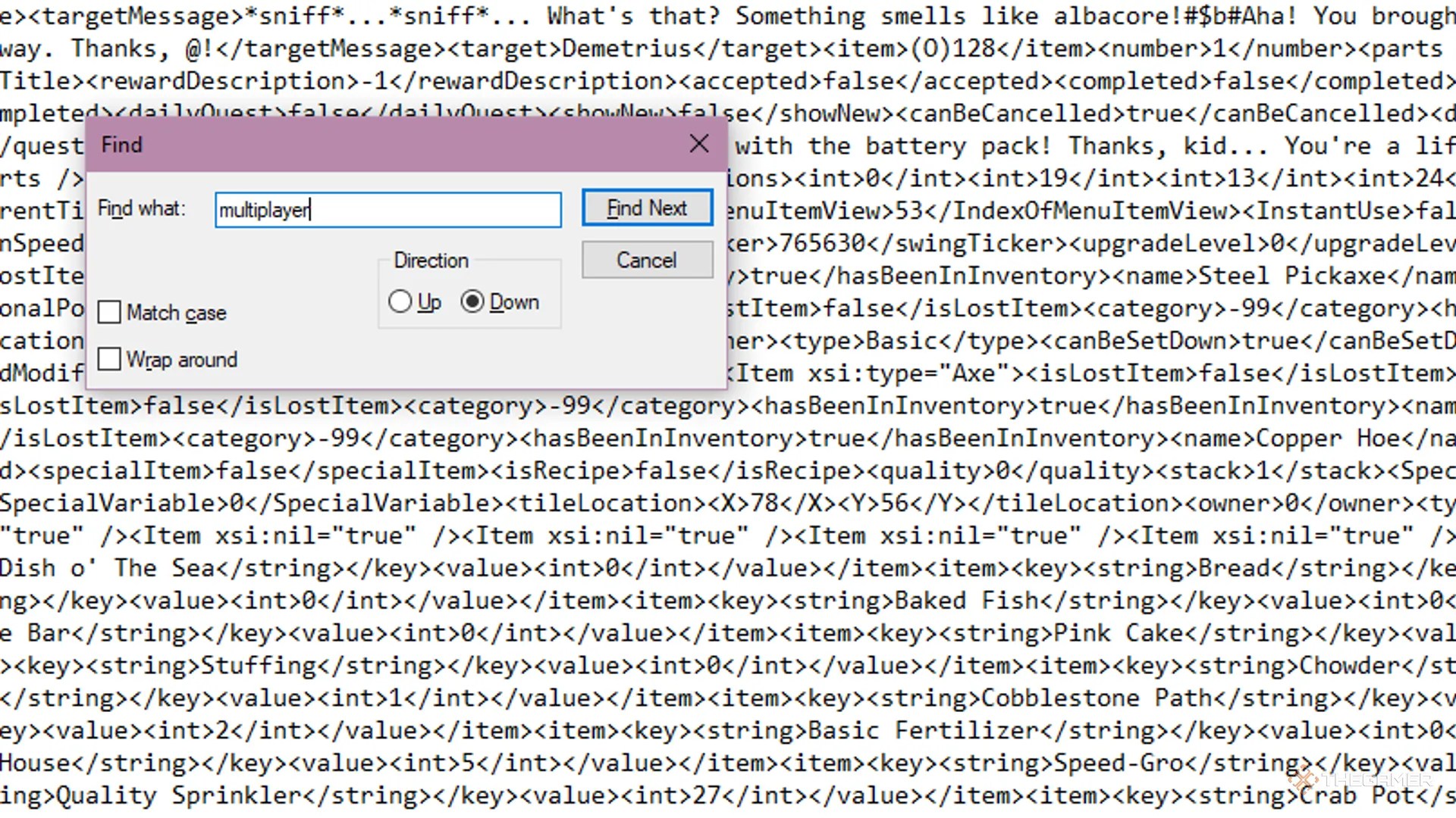 A player searching in a notepad for the word &lsquo;multiplayer&rsquo;.