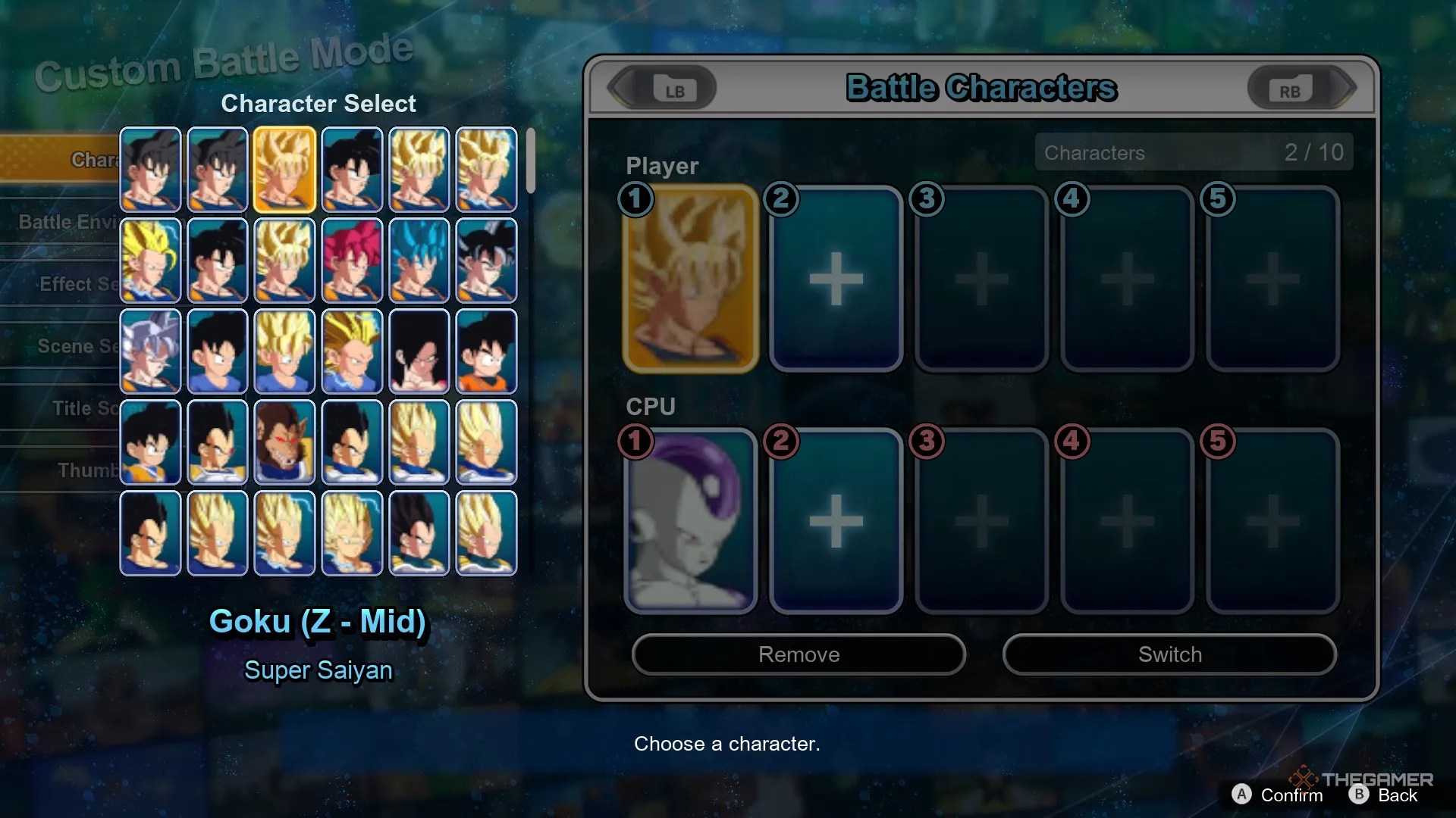 Dragon Ball Sparking Zero image showing the characters menu in custom battle.