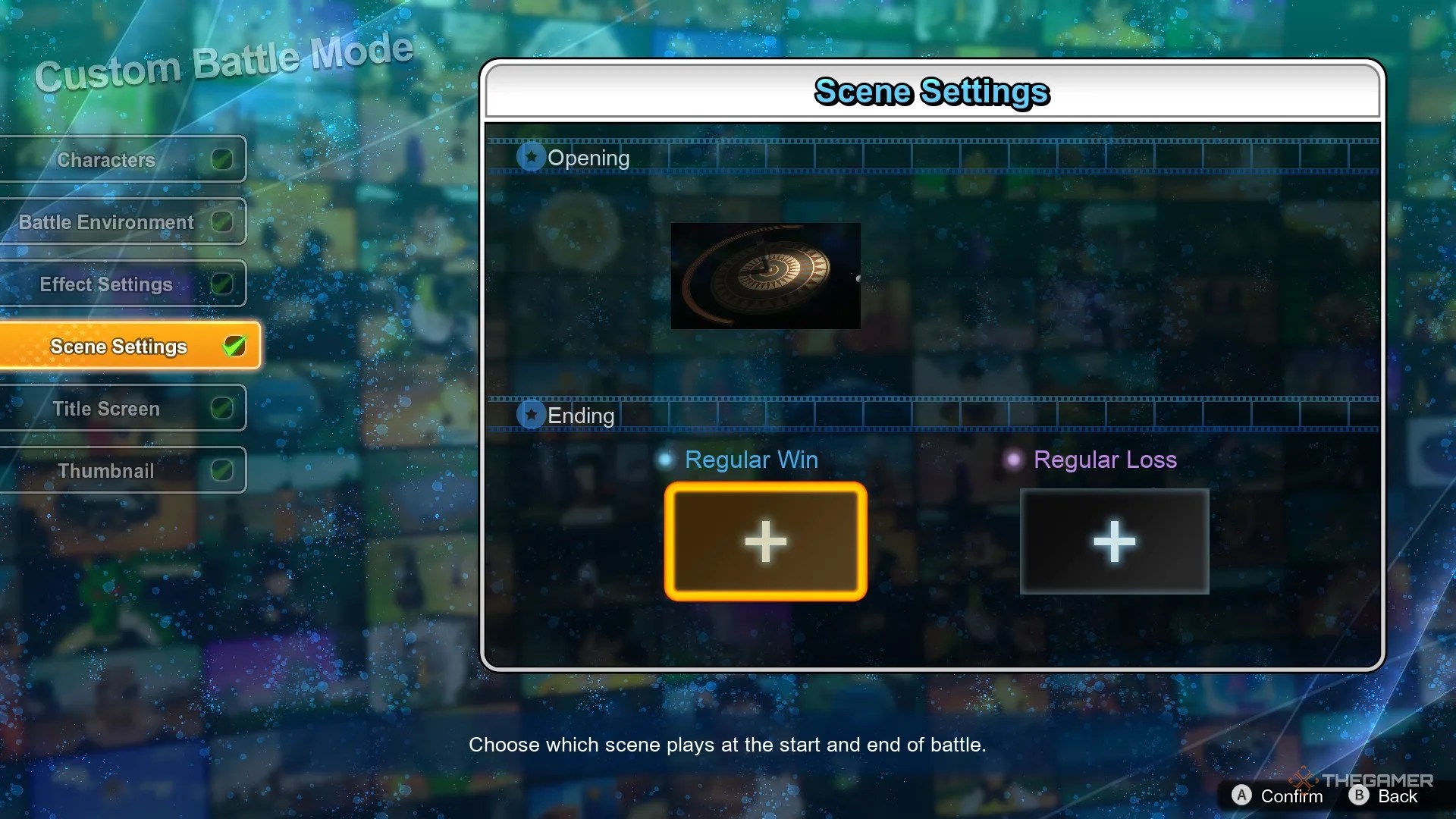 Dragon Ball Sparking Zero image showing the Custom Battle menu showing the scene creator with an intro chosen.