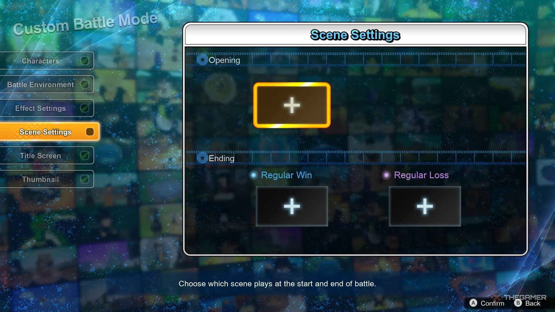 Dragon Ball Sparking Zero image showing the Custom Battle menu showing the scene creator.