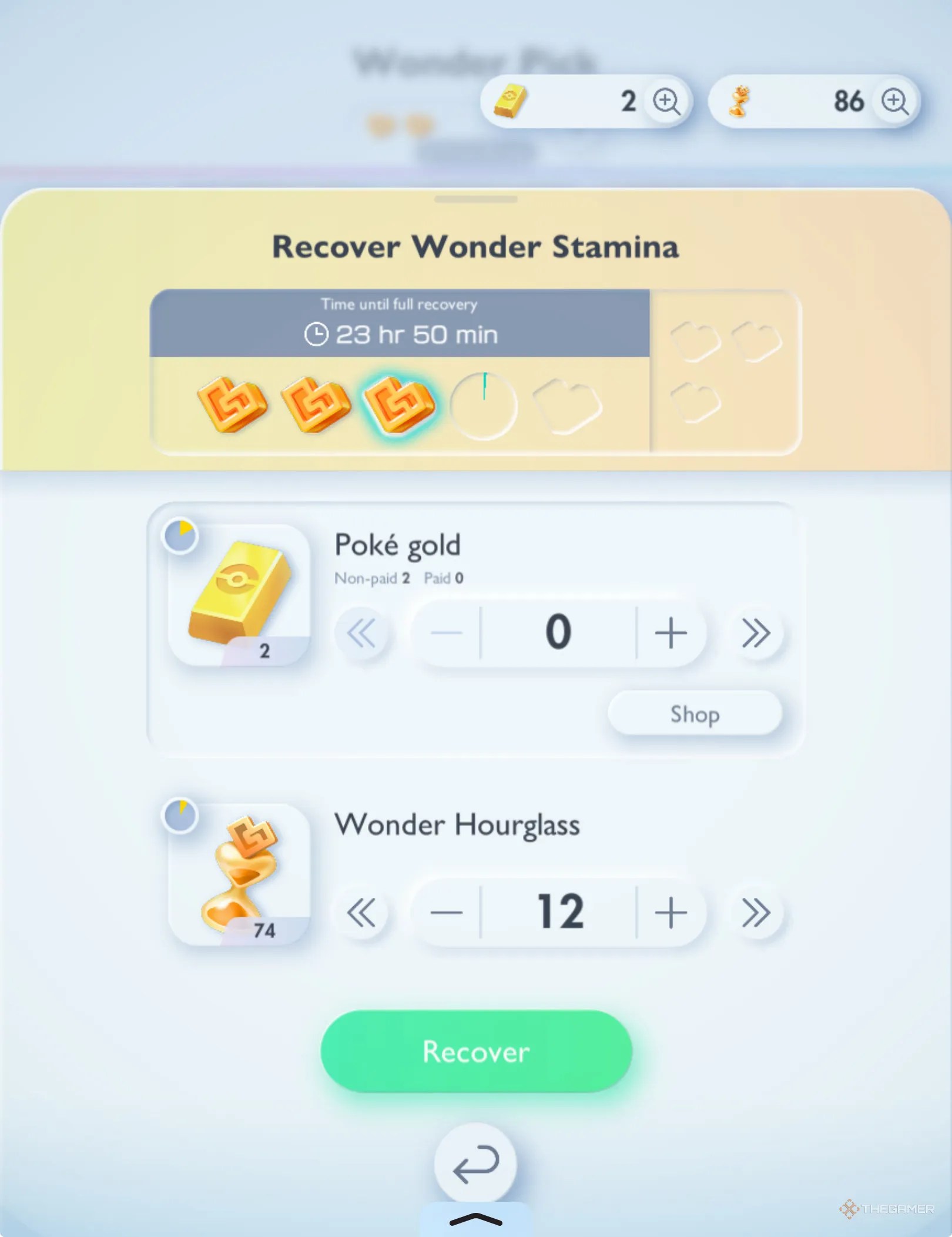 The Wonder Stamina recovery screen is shown in pokemon tcg pocket.