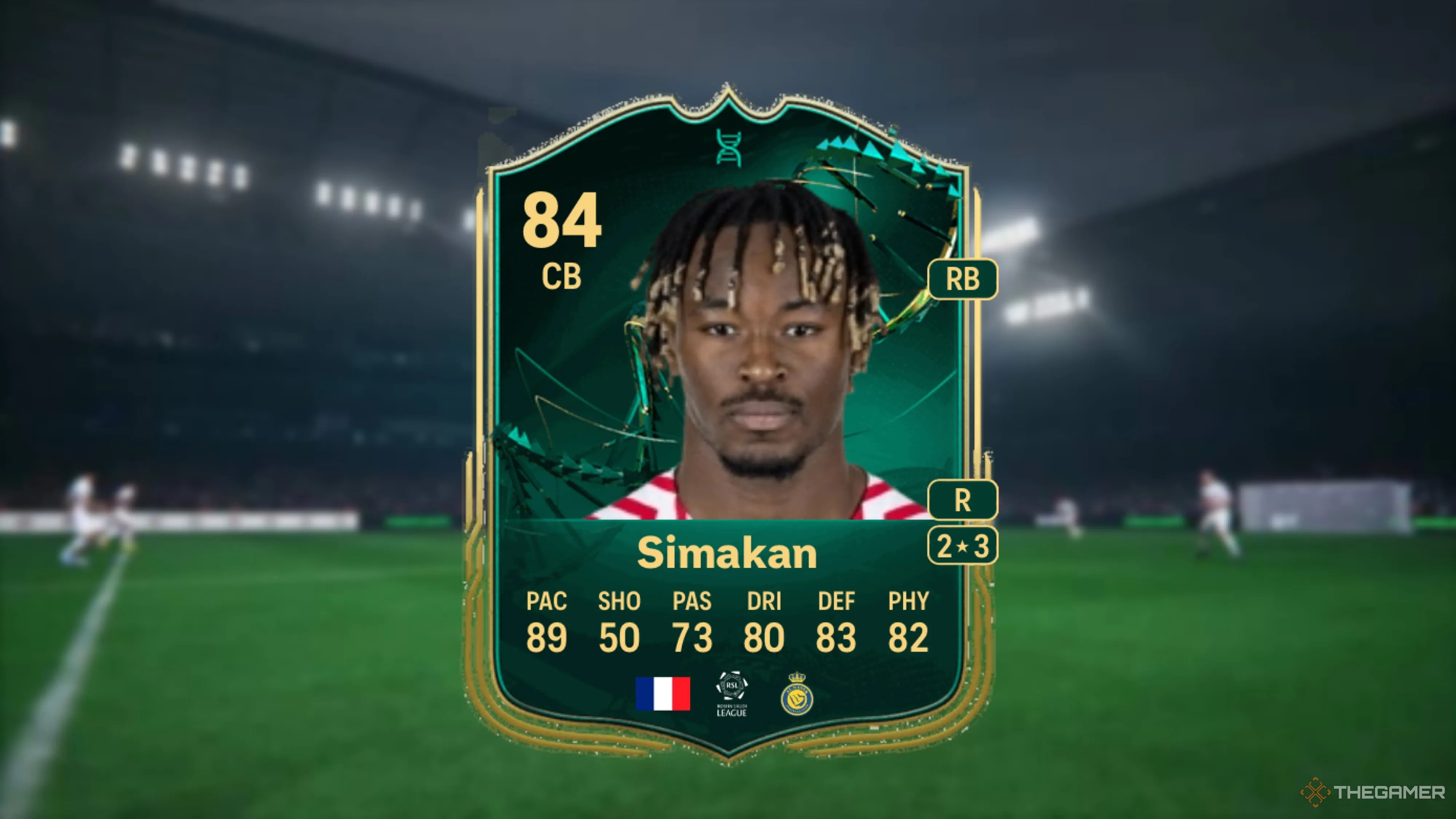 Image showing Simakan card against a faded stadium background.