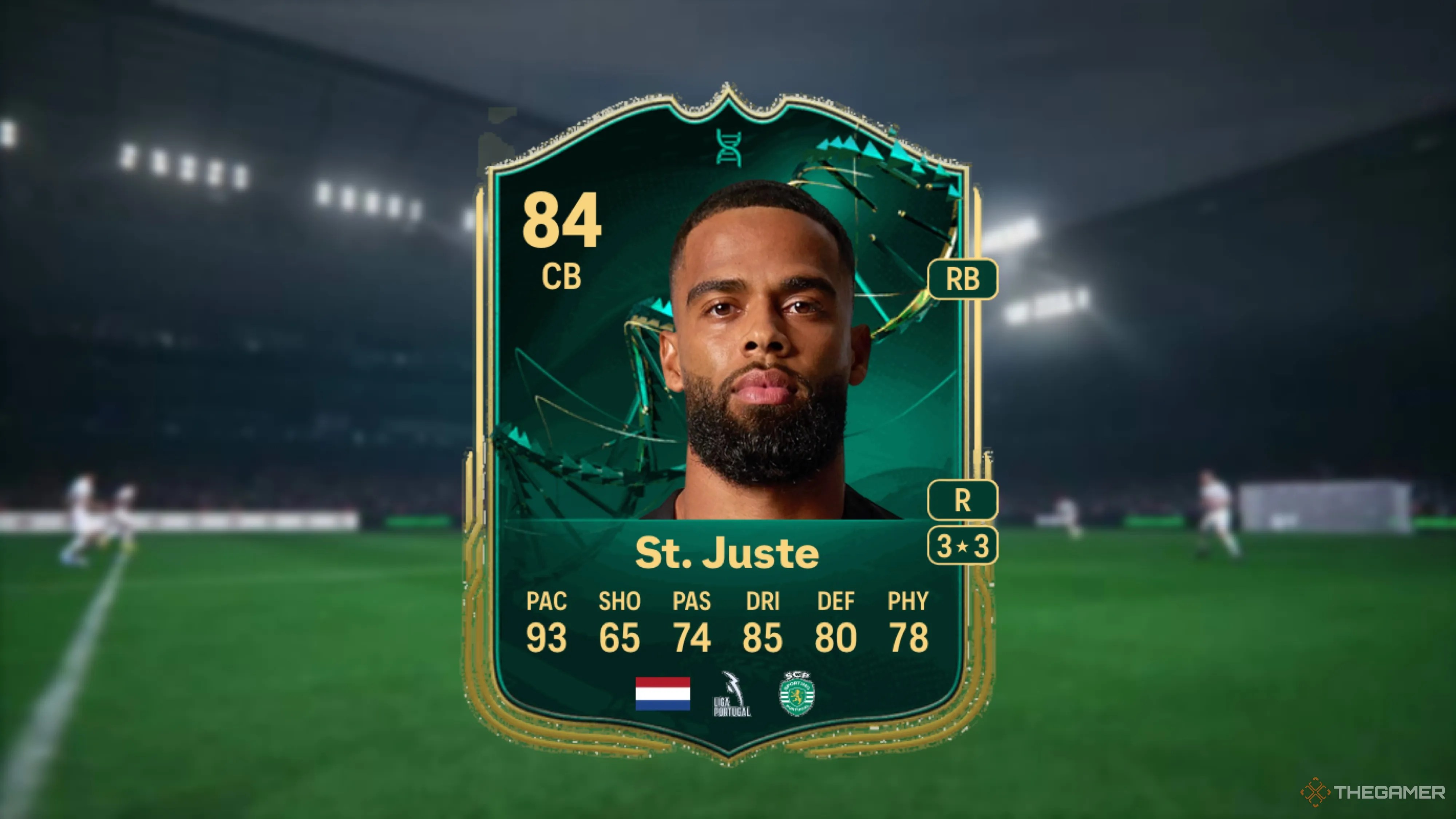 Image showing St. Juste card against a faded stadium background.