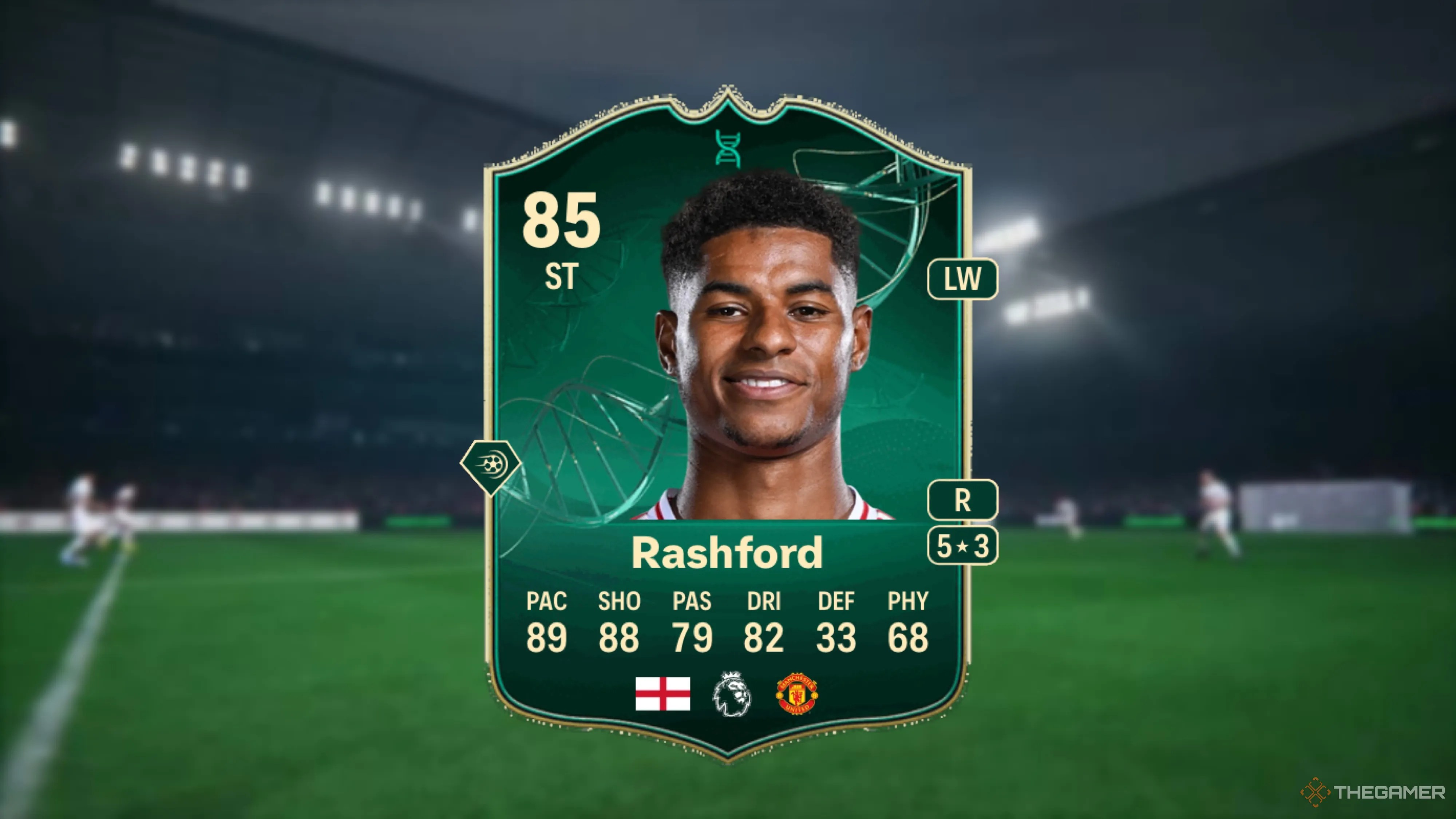Image showing Rashford card against a faded stadium background.