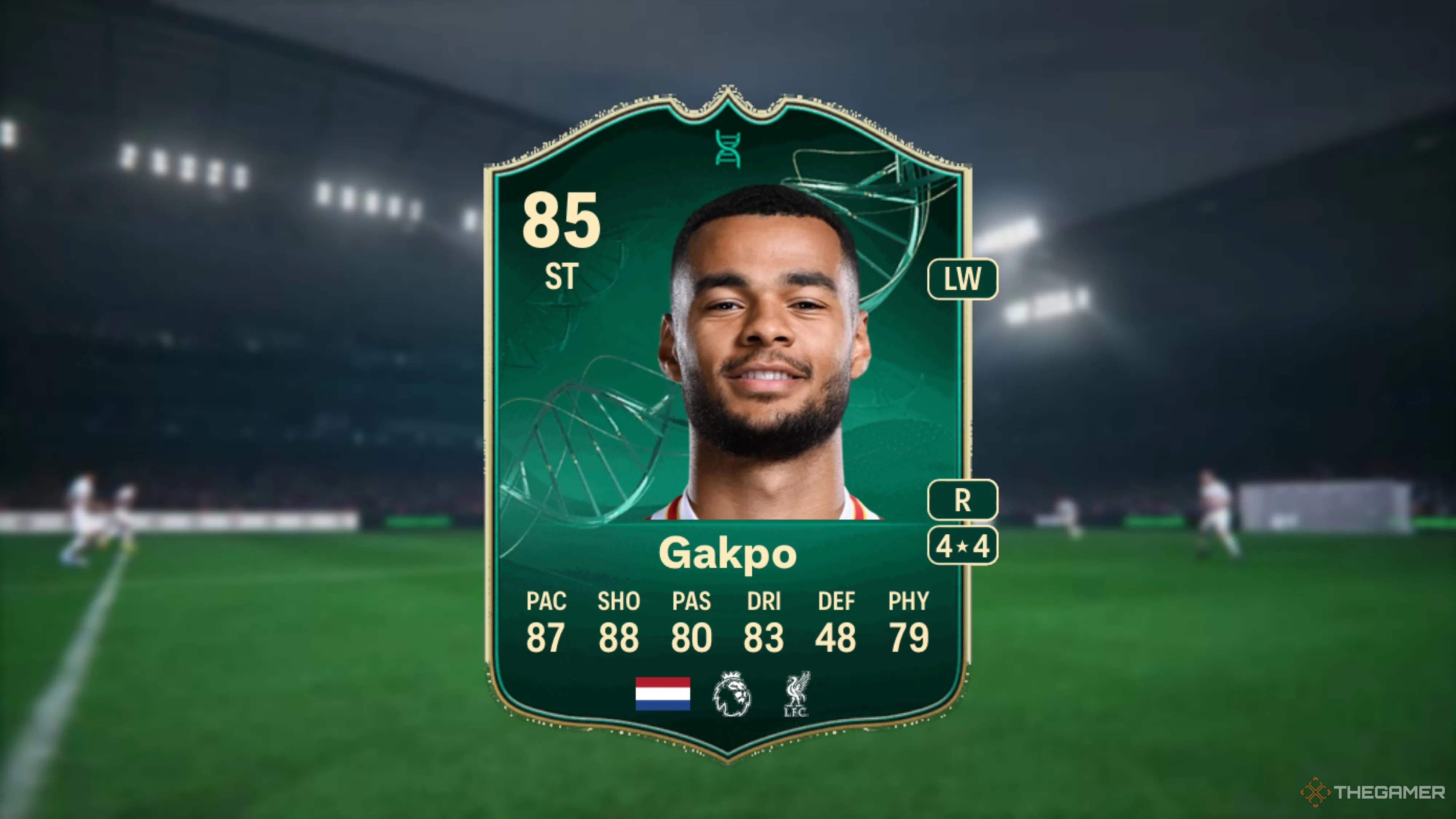 Image showing Gakpo card against a faded stadium background.