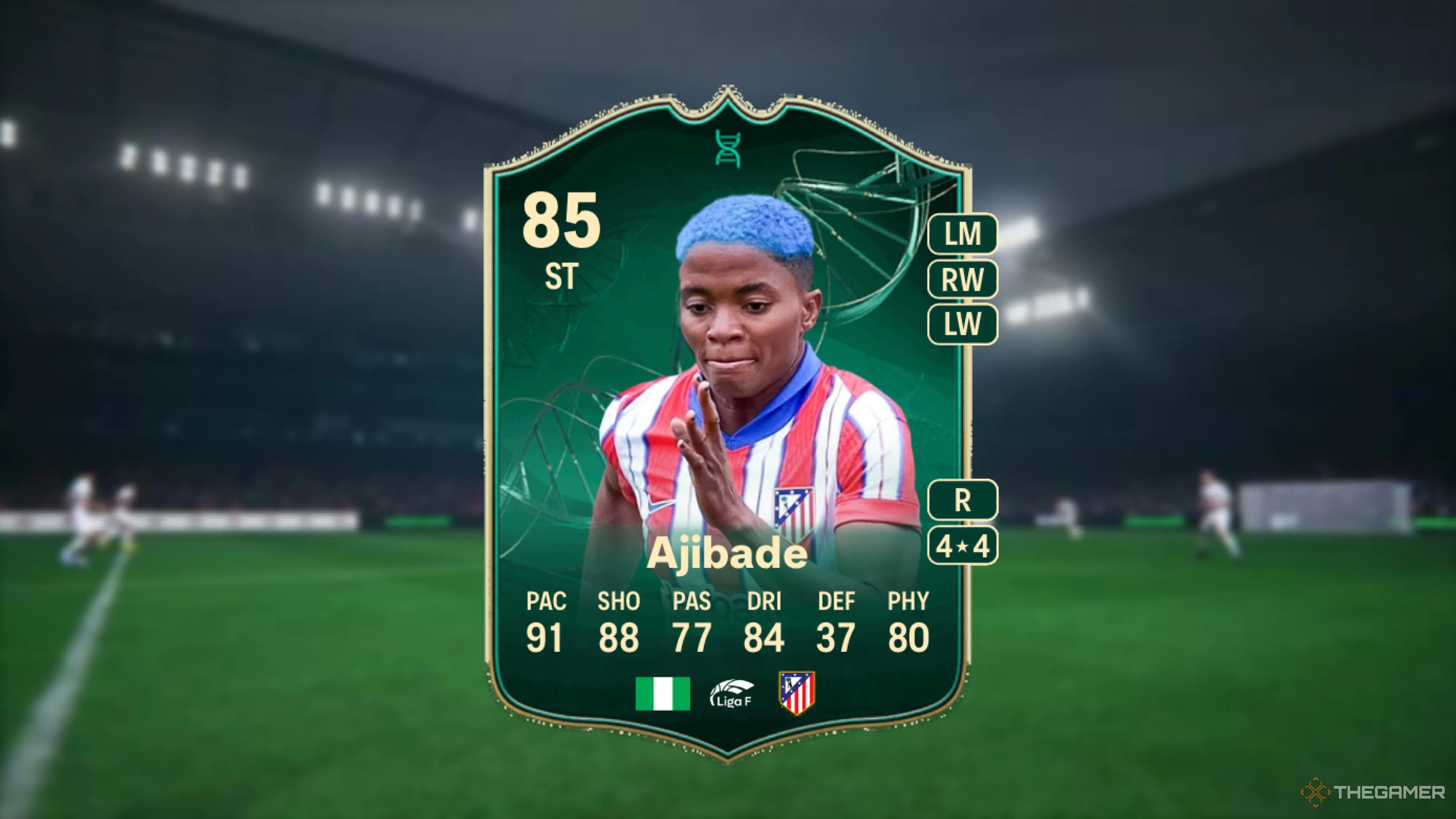 Image showing Ajibade card against a faded stadium background.