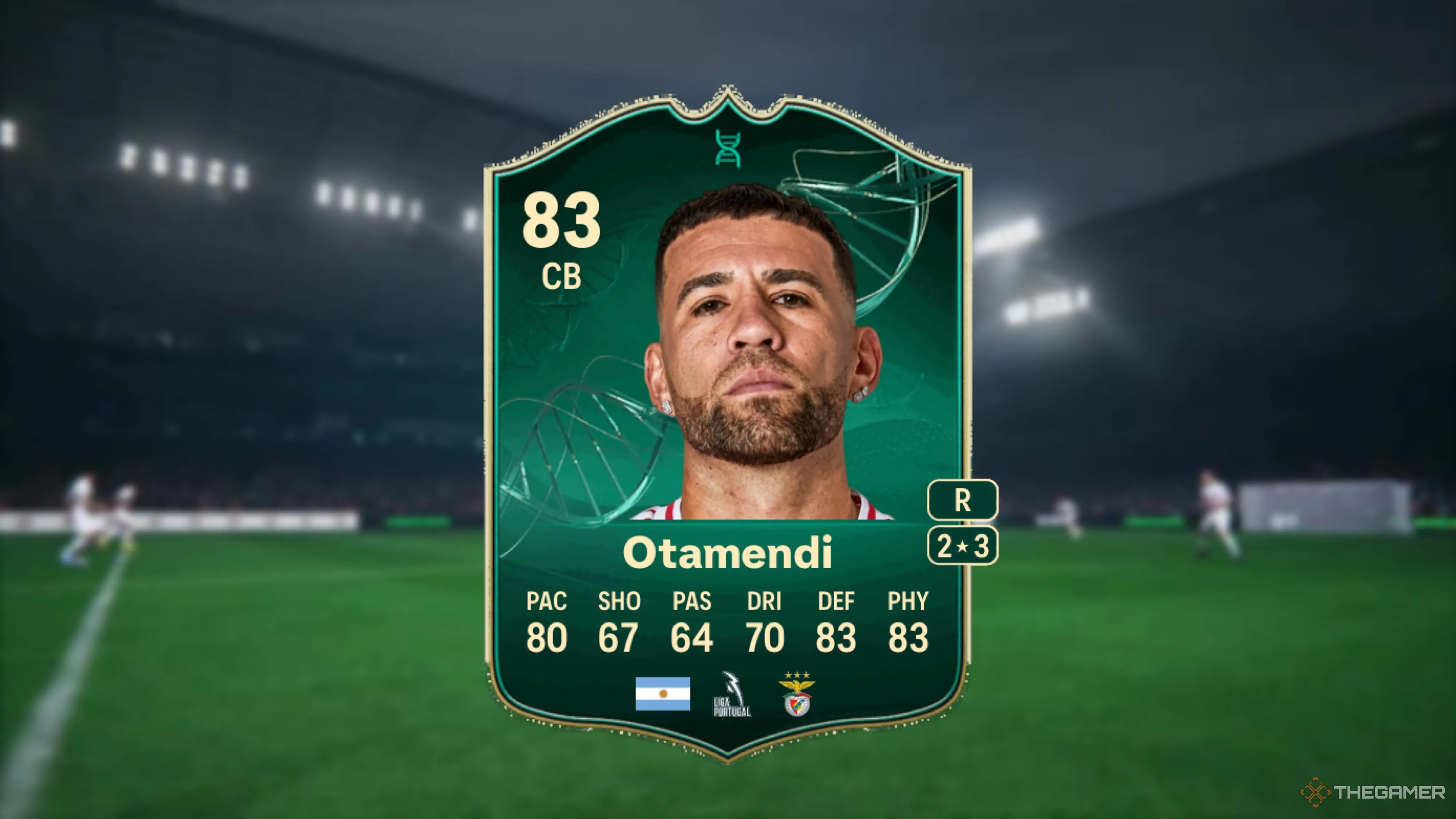 Image showing Otamendi card against a faded stadium background.