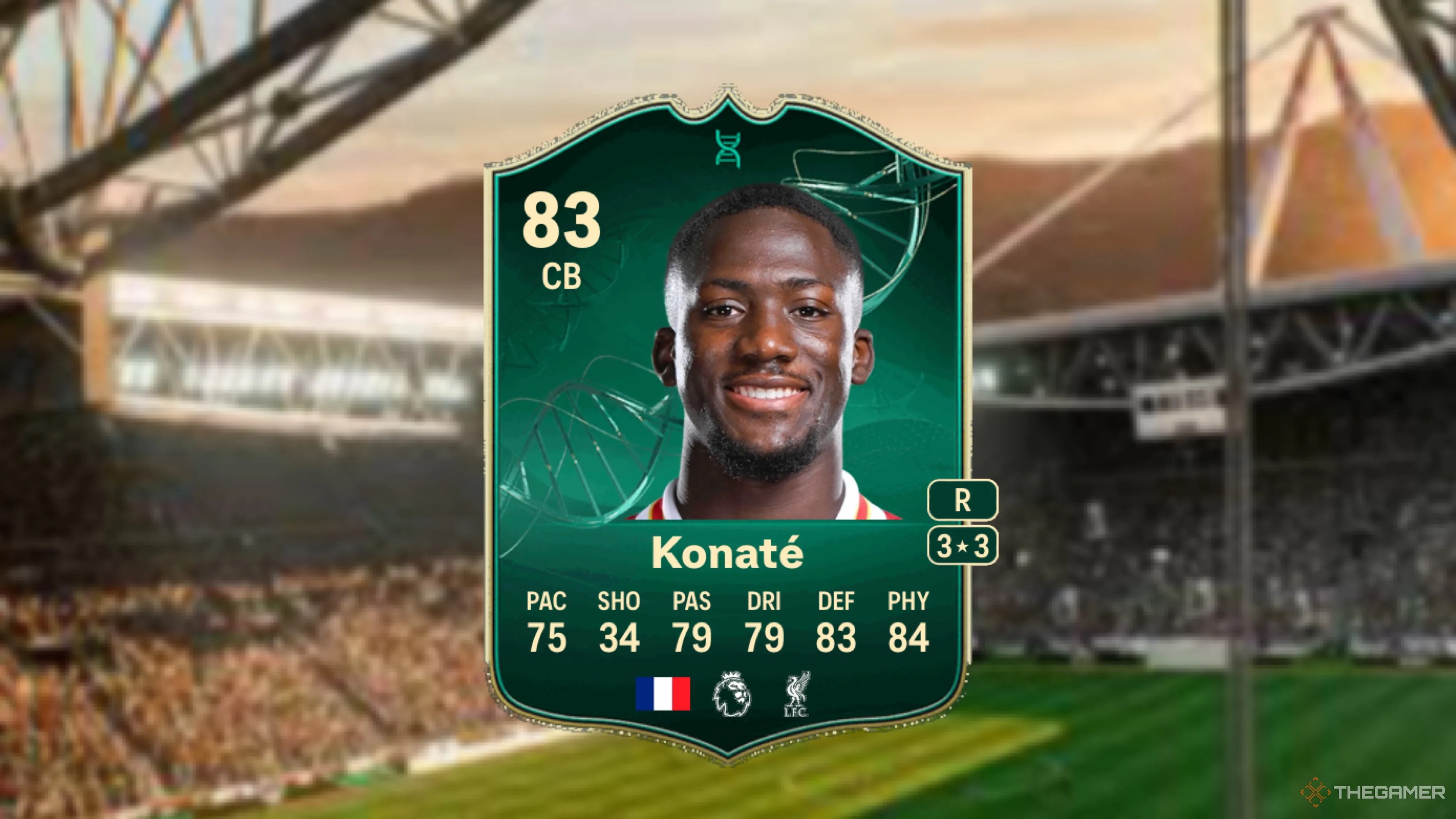 Image showing Konate card against a faded stadium background.