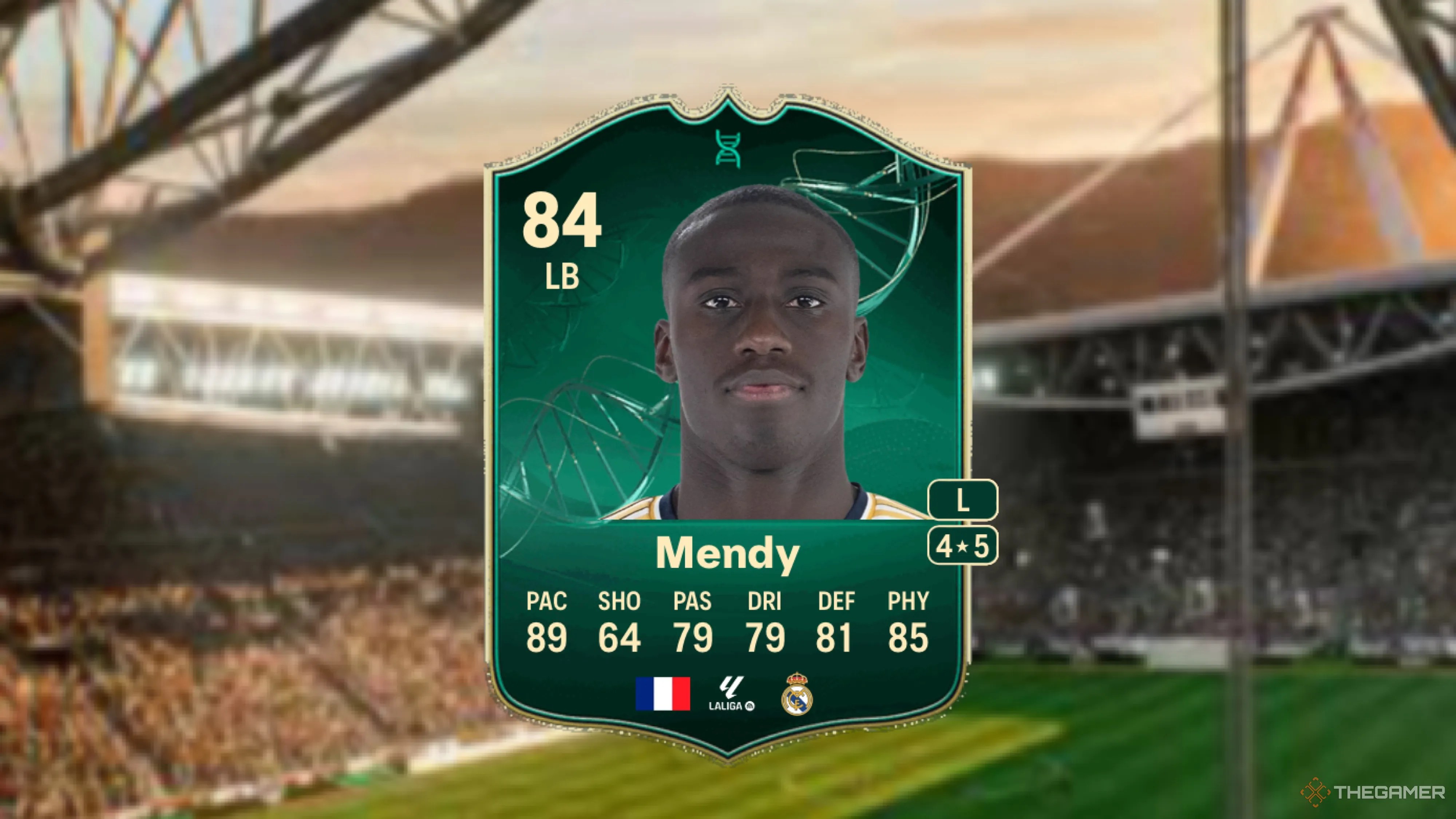 Image showing Mendy card against a faded stadium background.