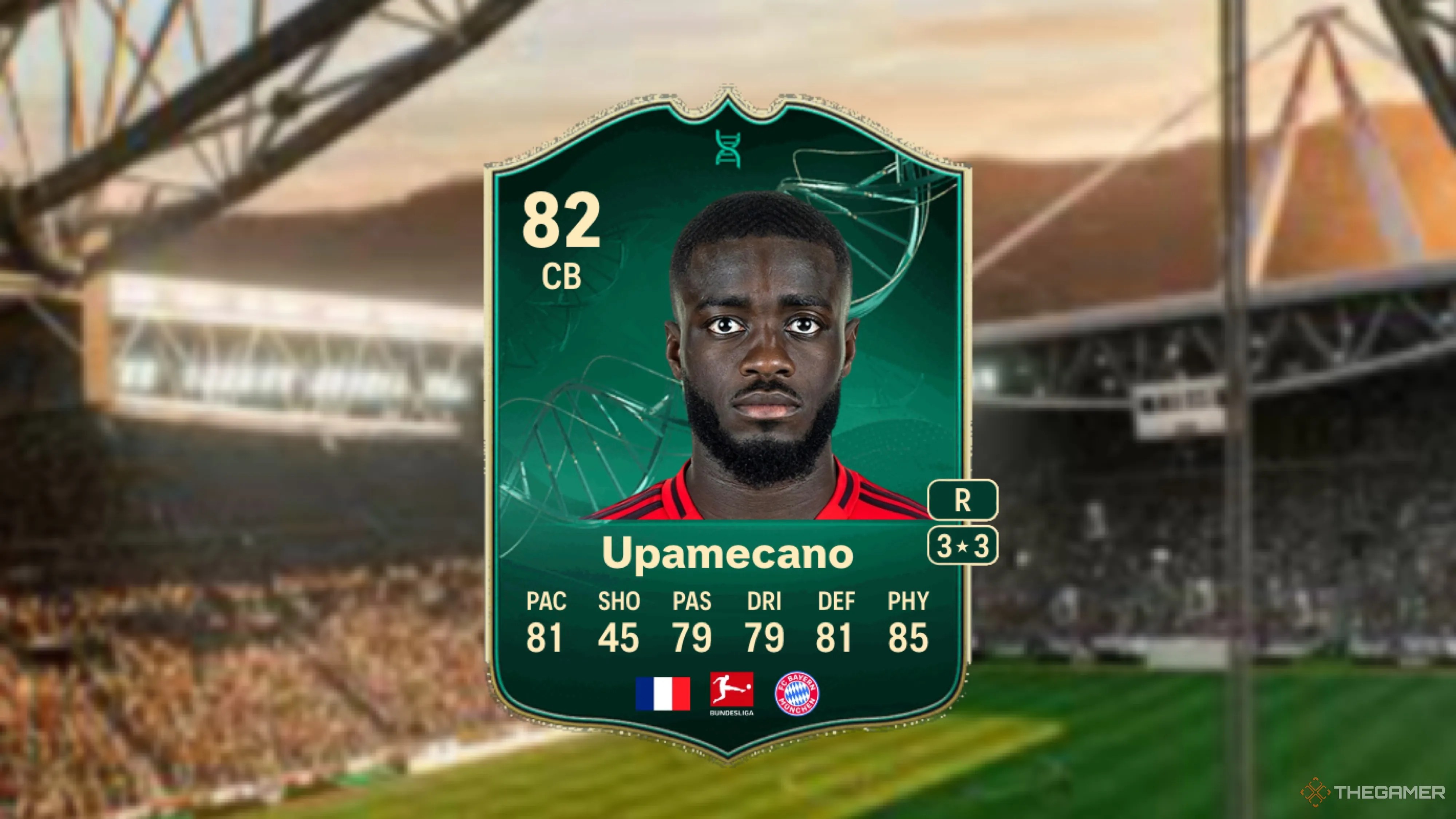 Image showing Upamecano card against a faded stadium background.