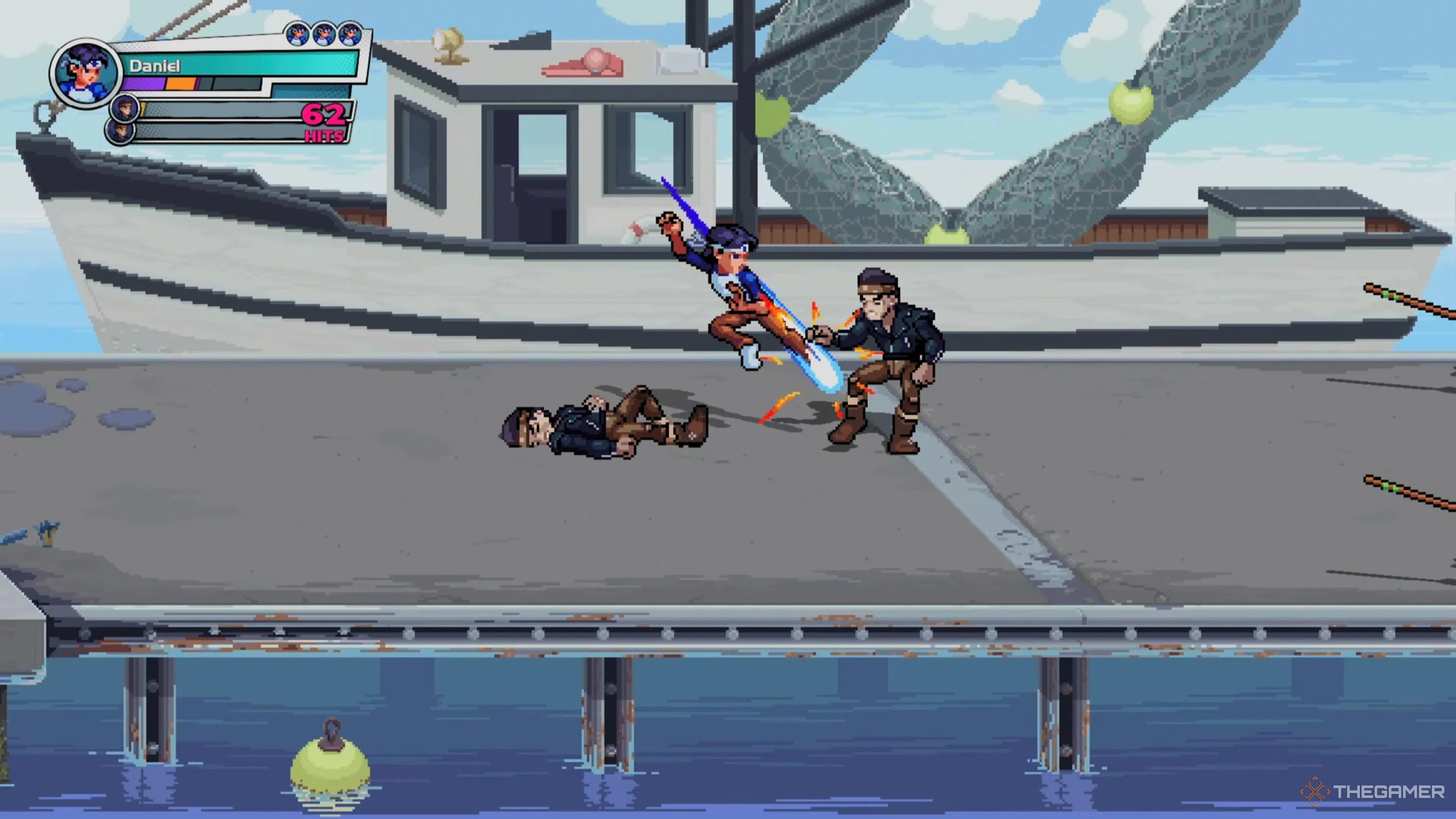 Daniel LaRusso performing a jumping divekick in The Karate Kid: Street Rumble.