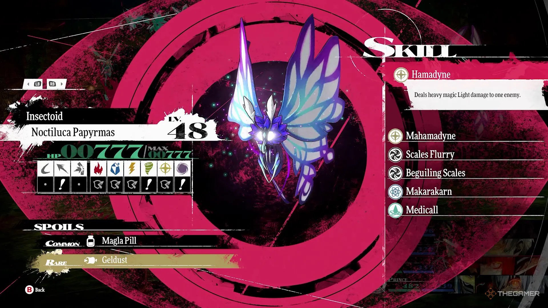 Noctiluca Papyrmas stat screen in Metaphor Refantazio.
