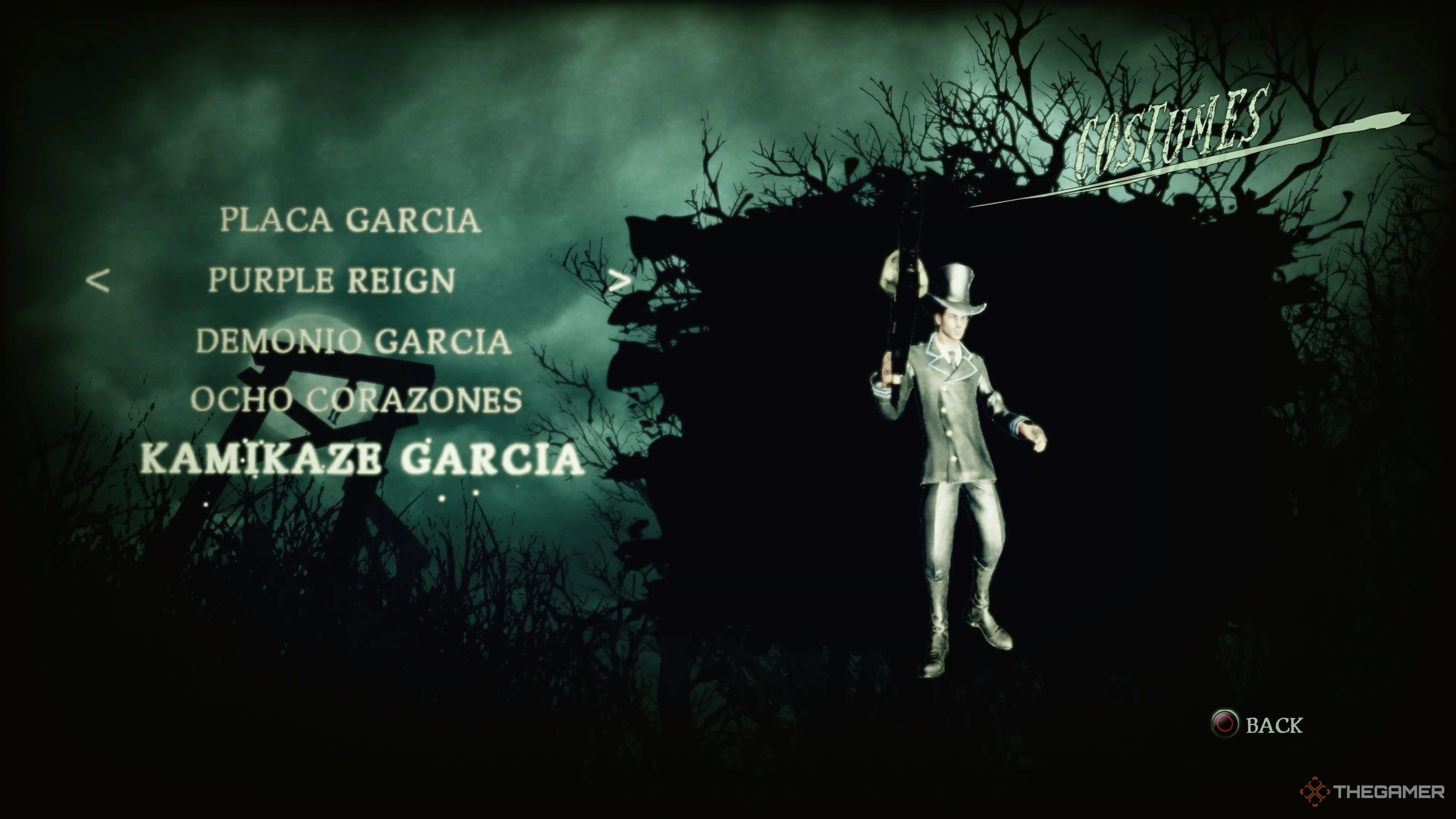 The Kamikaze Garcia costume for Garcia in the costume selection menu in Shadows of the Damned: Hella Remastered.