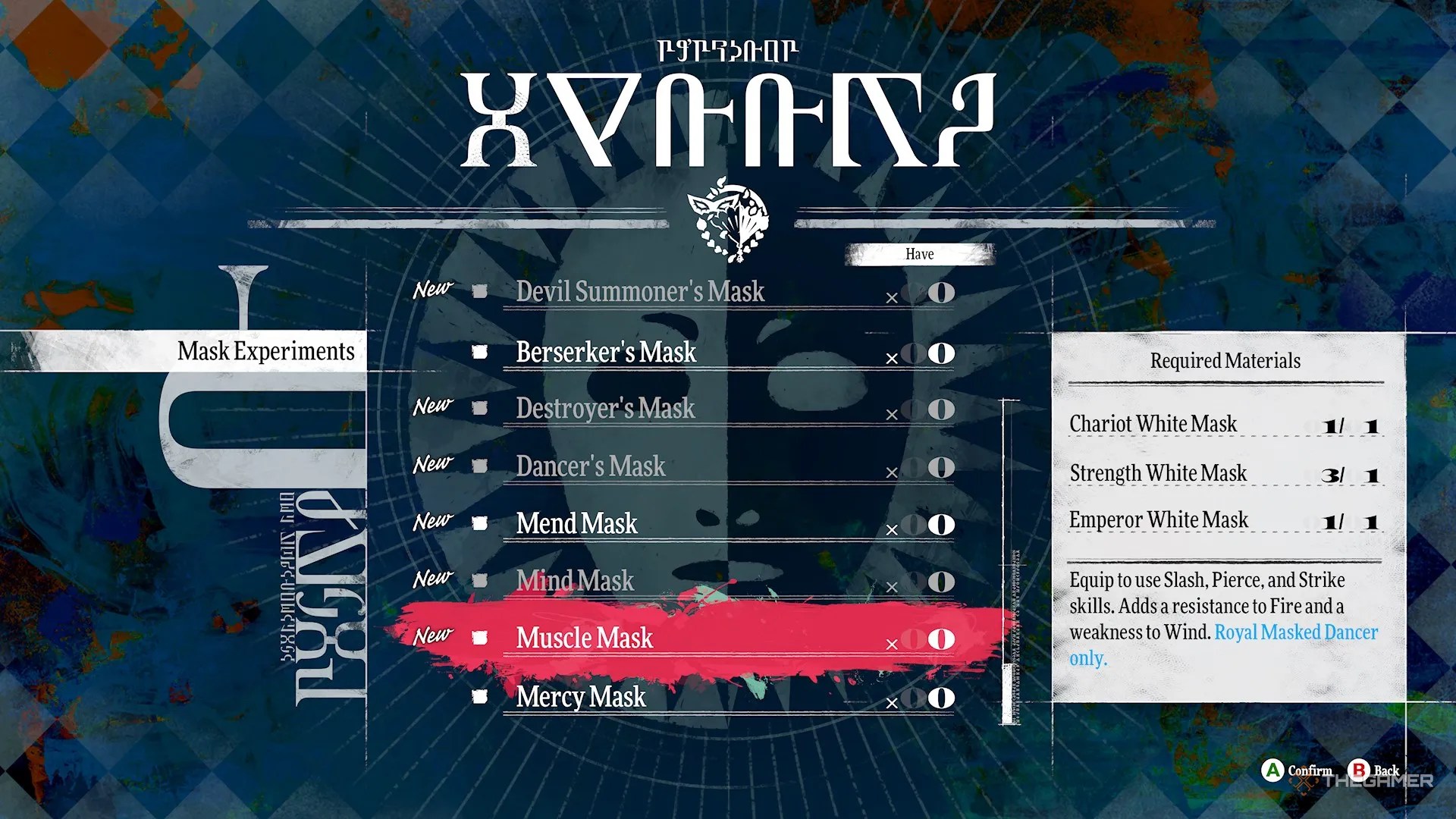 The mask creation screen in Metaphor Refantazio.
